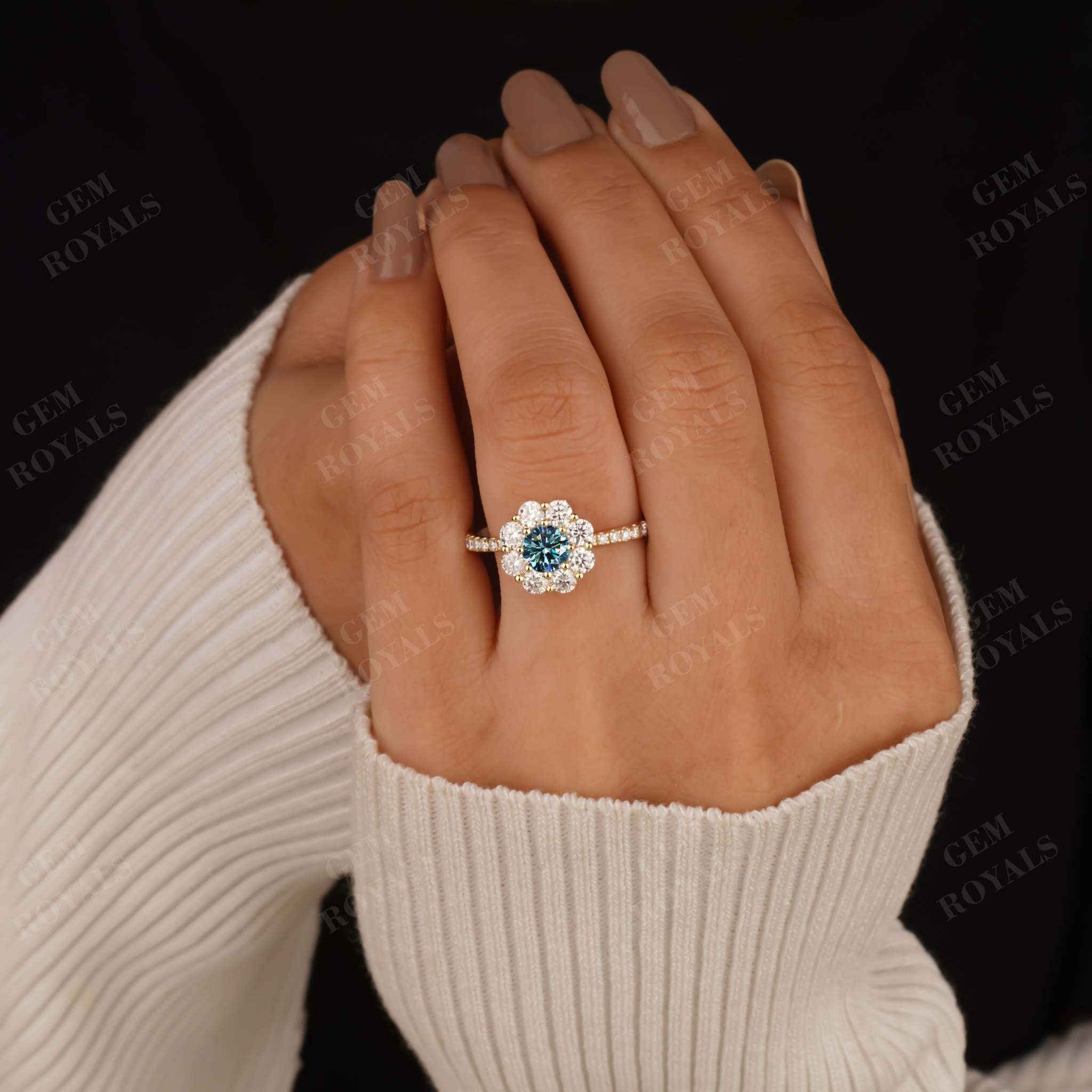 Round Cyan Blue Moissanite Flower Style Halo Engagement Ring