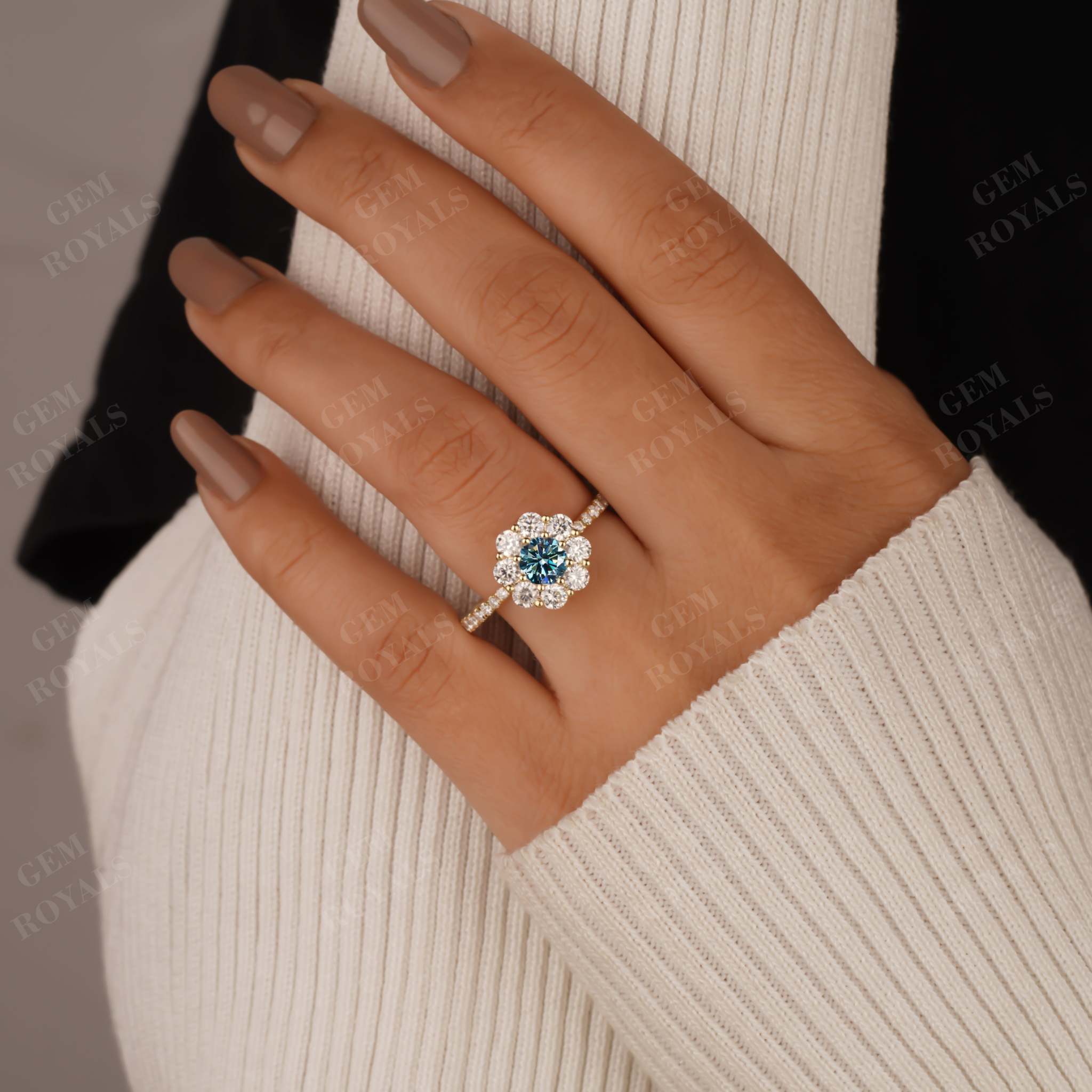 Round Cyan Blue Moissanite Flower Style Halo Engagement Ring