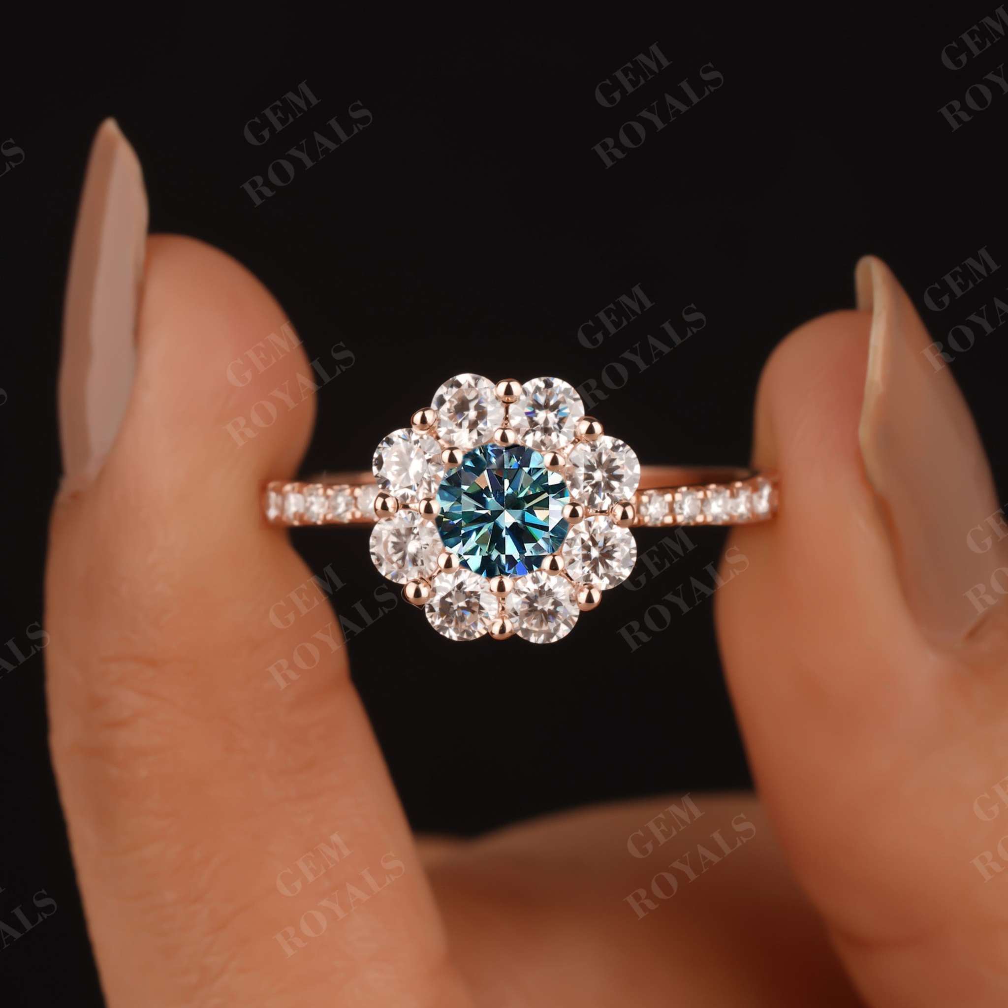 Round Cyan Blue Moissanite Flower Style Halo Engagement Ring