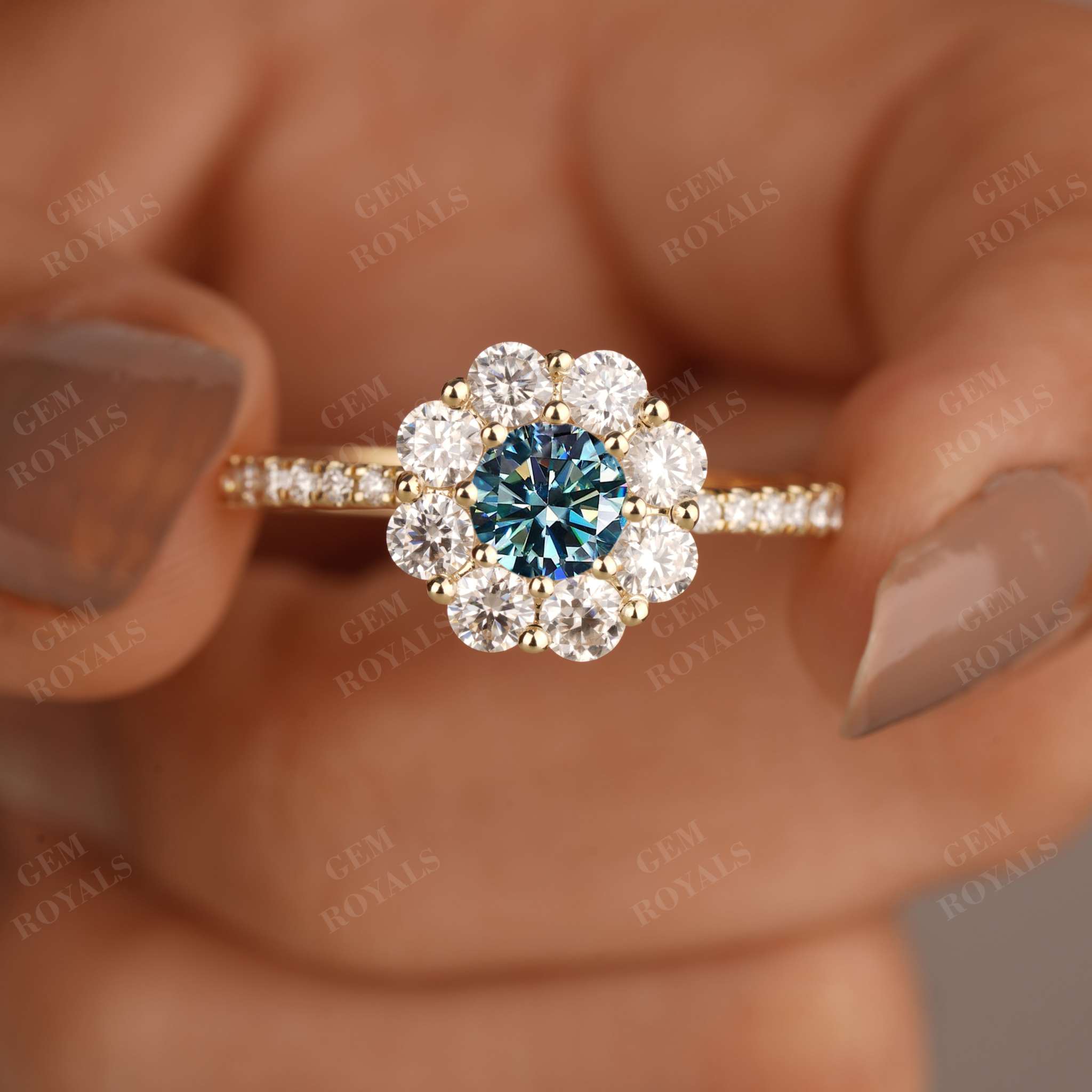 Round Cyan Blue Moissanite Flower Style Halo Engagement Ring