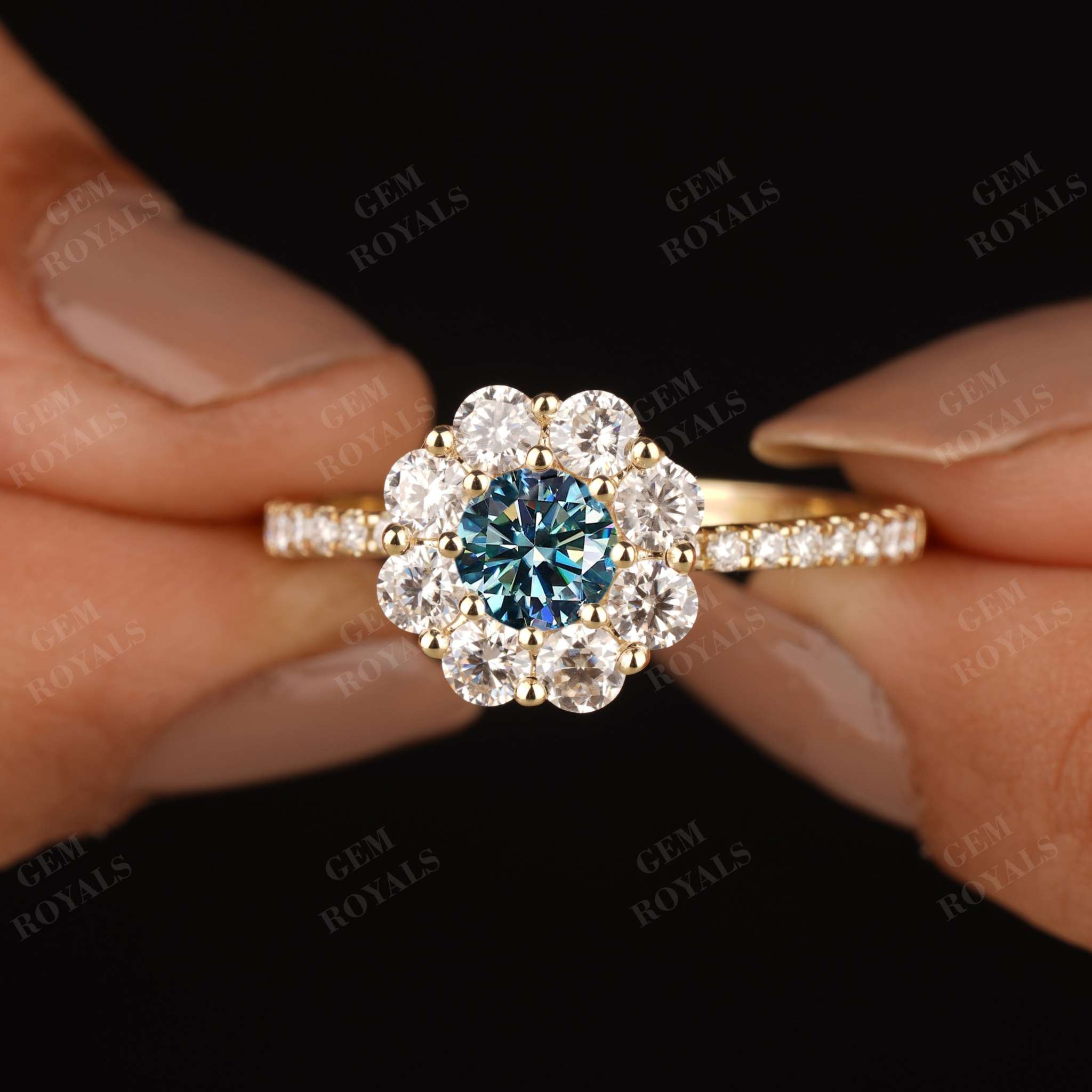 Round Cyan Blue Moissanite Flower Style Halo Engagement Ring