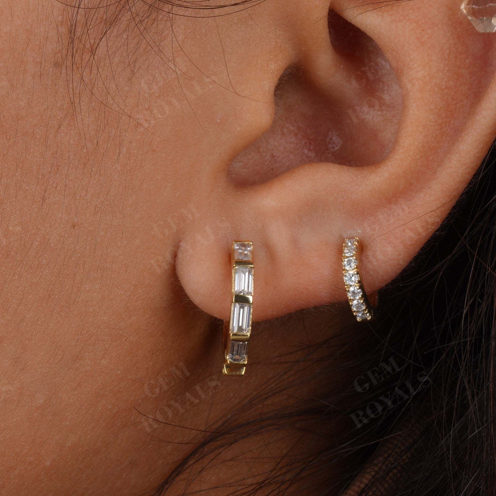 Dainty Paved Baguette Cut Moissanite Huggies Hoop Earrings