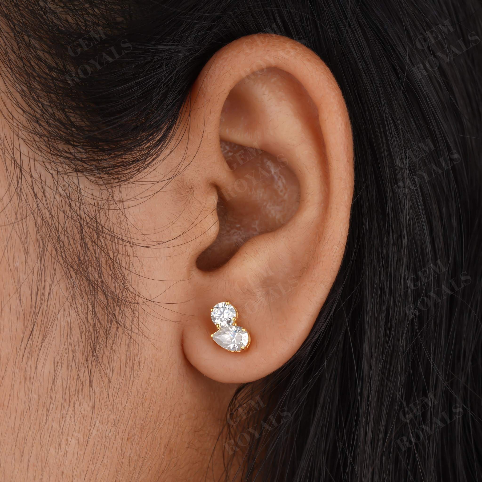 Two Stone Round And Pear Moissanite Stud Earrings