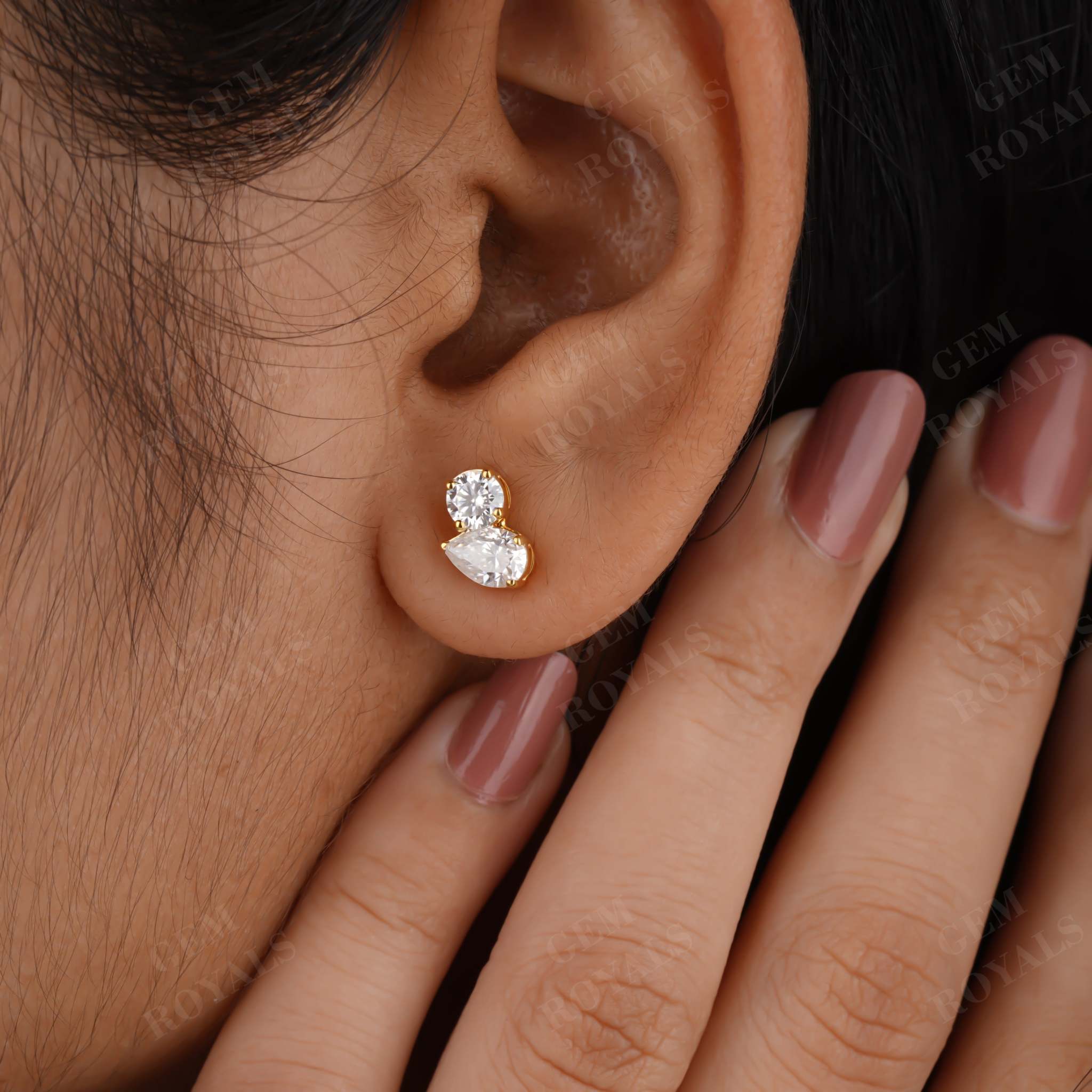 Two Stone Round And Pear Moissanite Stud Earrings