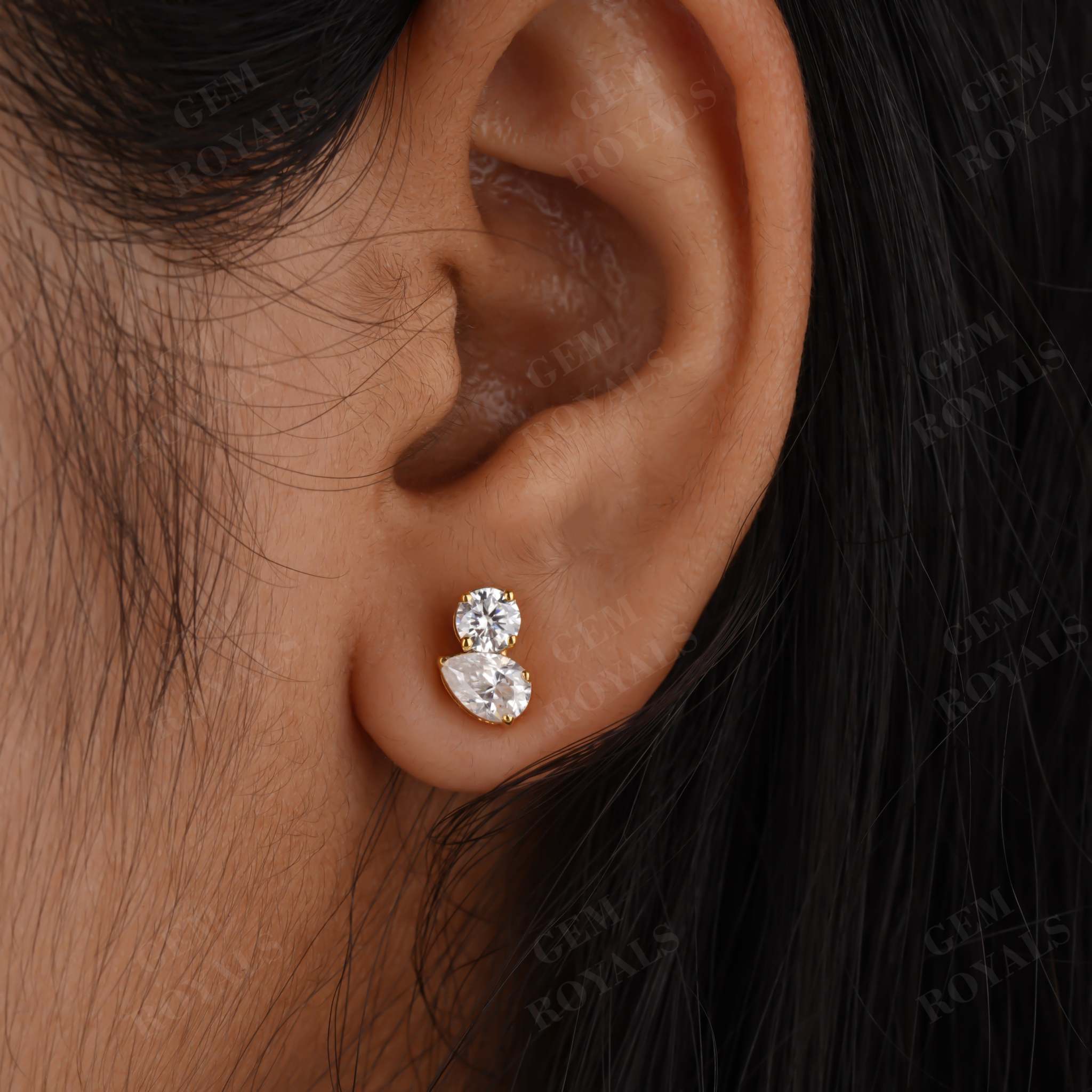 Two Stone Round And Pear Moissanite Stud Earrings