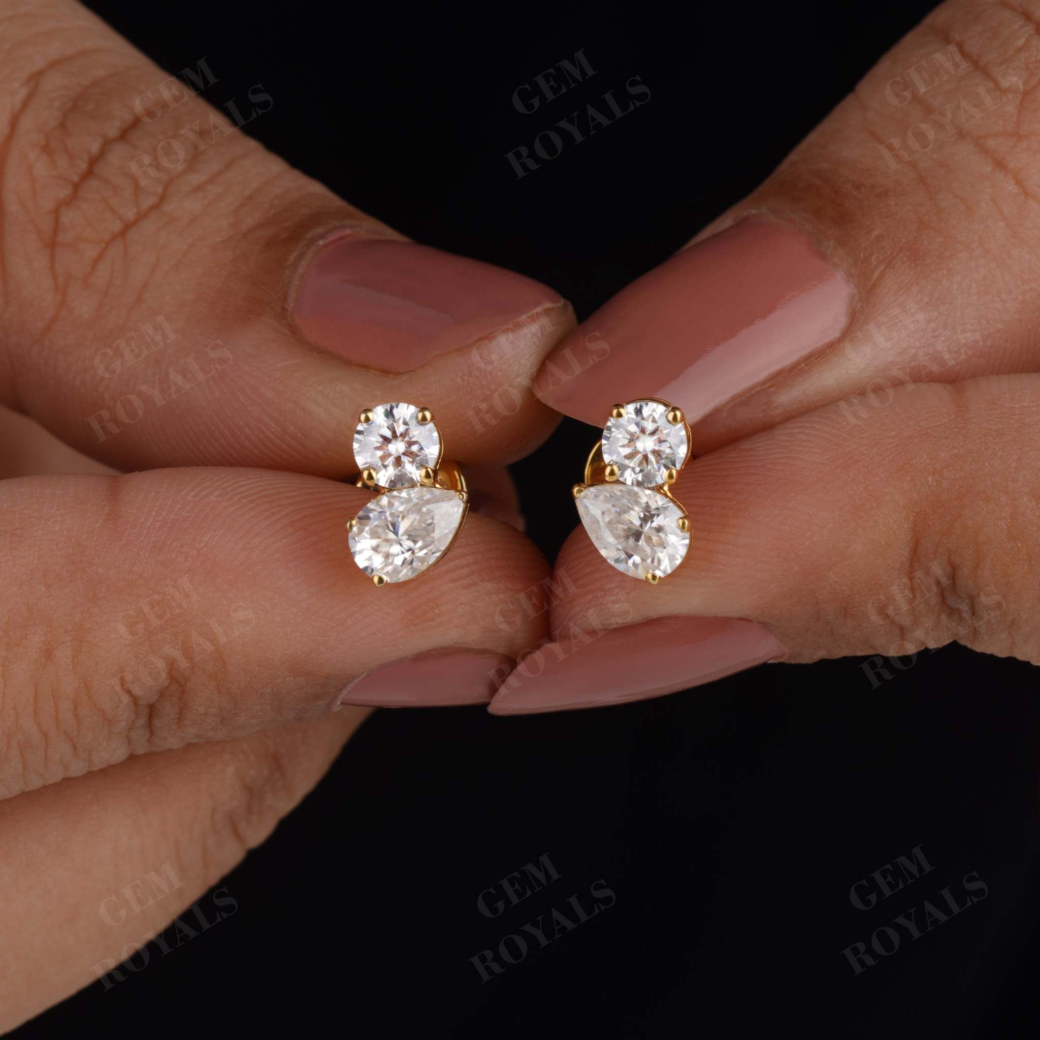 Two Stone Round And Pear Moissanite Stud Earrings