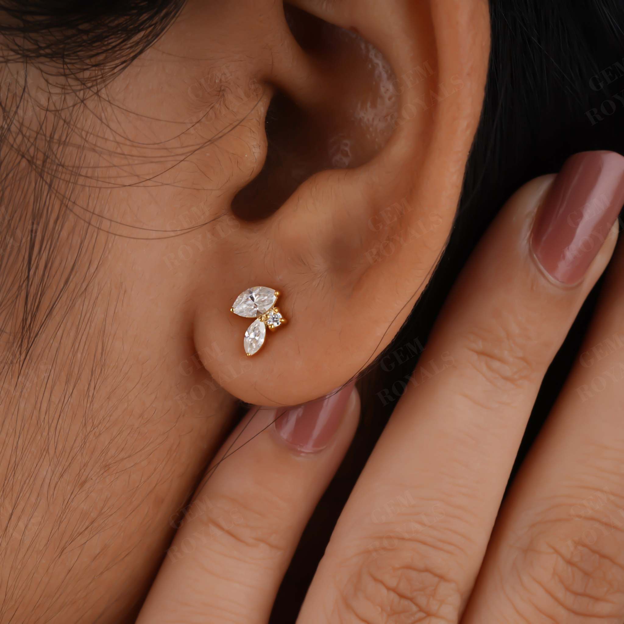 Cluster Marquise and Round Moissanite Stud Earrings