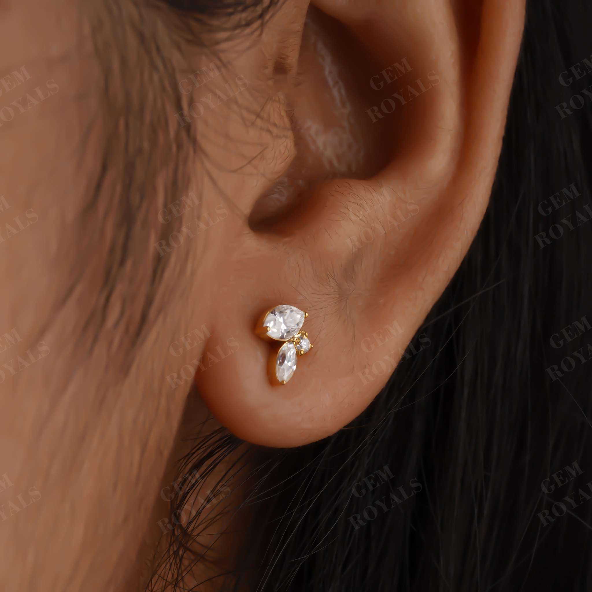 Cluster Marquise and Round Moissanite Stud Earrings