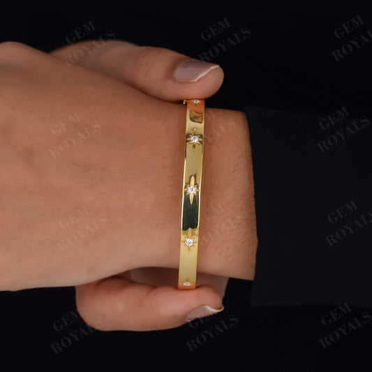 North Star Oval Shaped Round Moissanite Starburst Bangle Bracelet