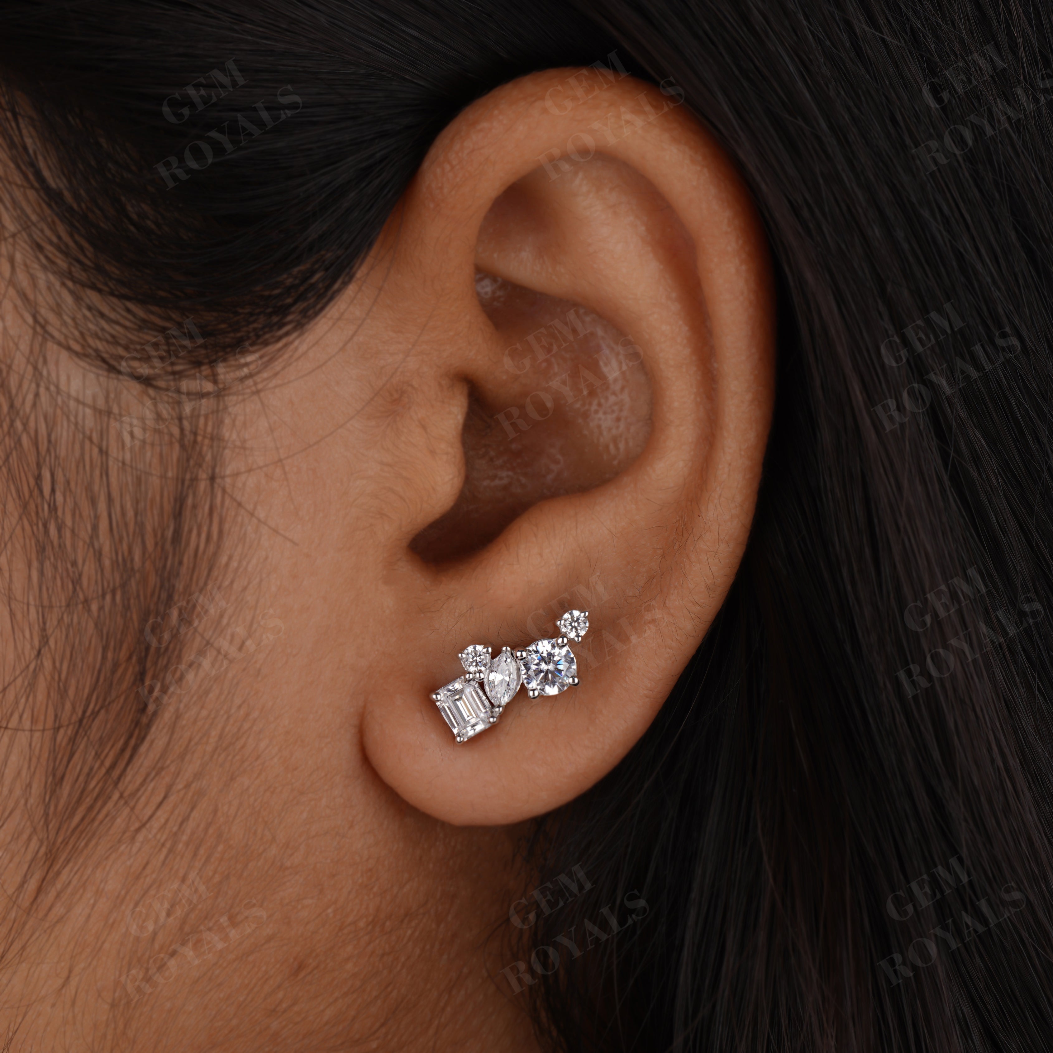 Multi Shaped Moissanite Cluster Climber Stud Earrings