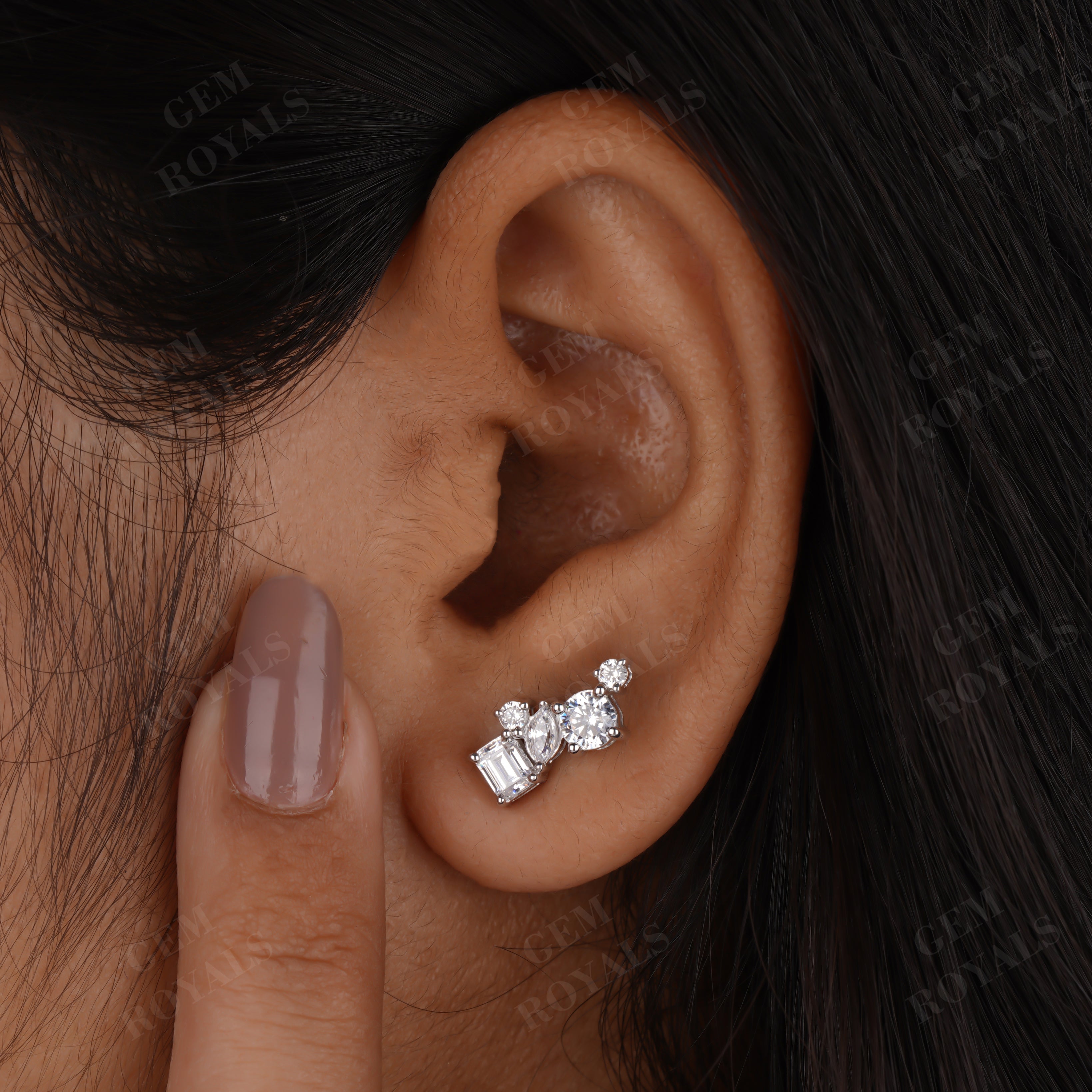 Multi Shaped Moissanite Cluster Climber Stud Earrings