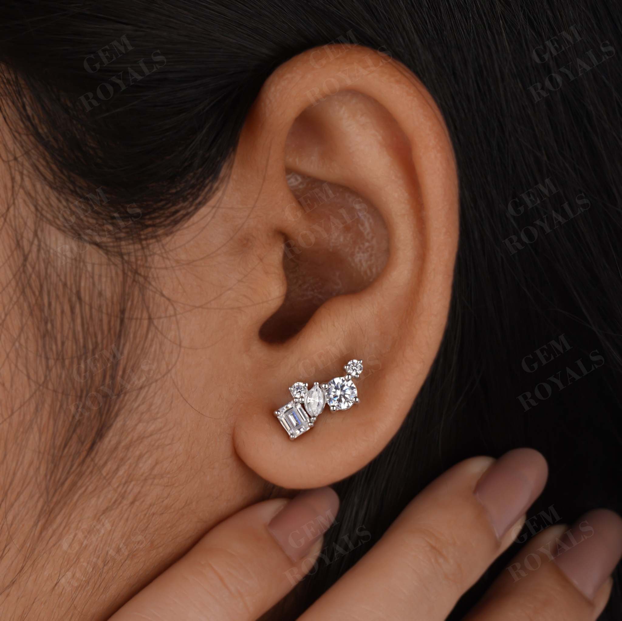 Multi Shaped Moissanite Cluster Climber Stud Earrings