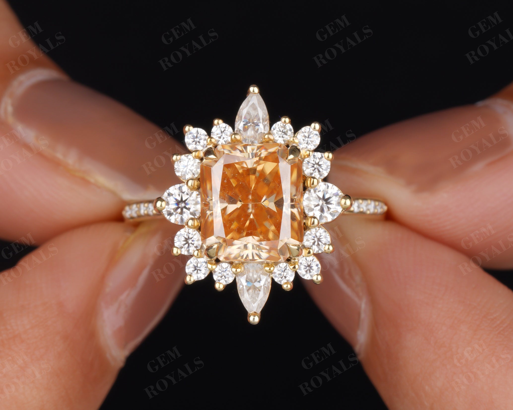 Vintage Style Yellow Radiant Moissanite Halo Engagement Ring