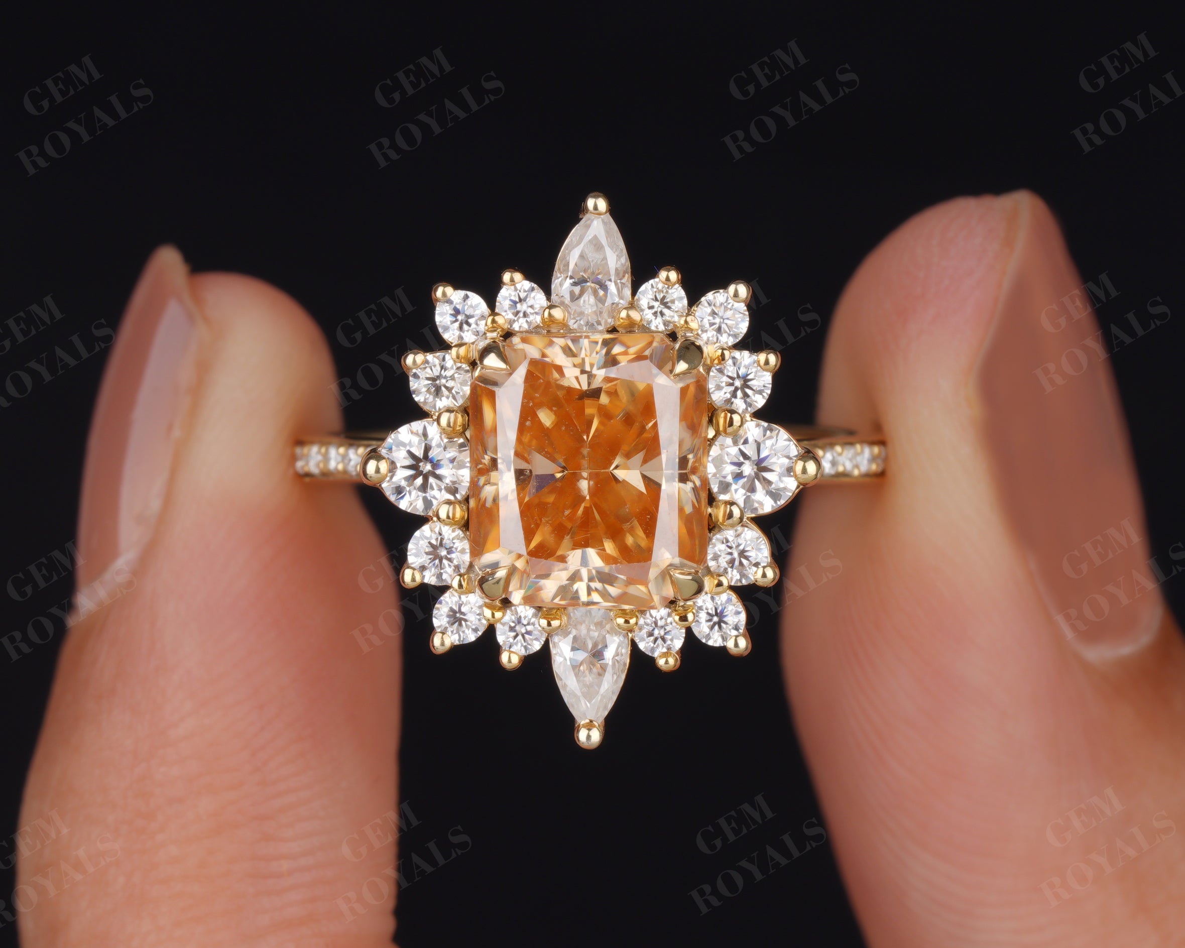 Vintage Style Yellow Radiant Moissanite Halo Engagement Ring