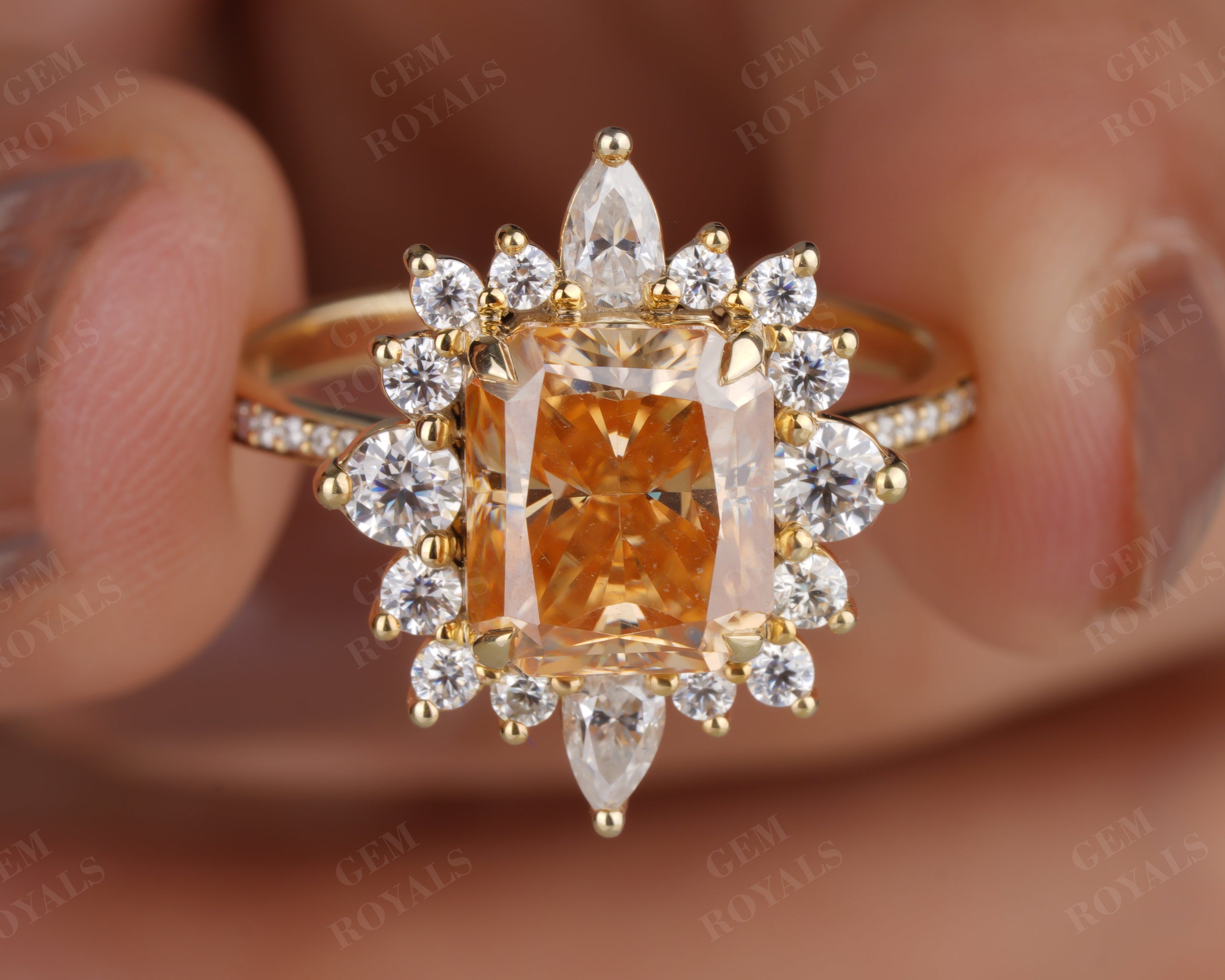 Vintage Style Yellow Radiant Moissanite Halo Engagement Ring