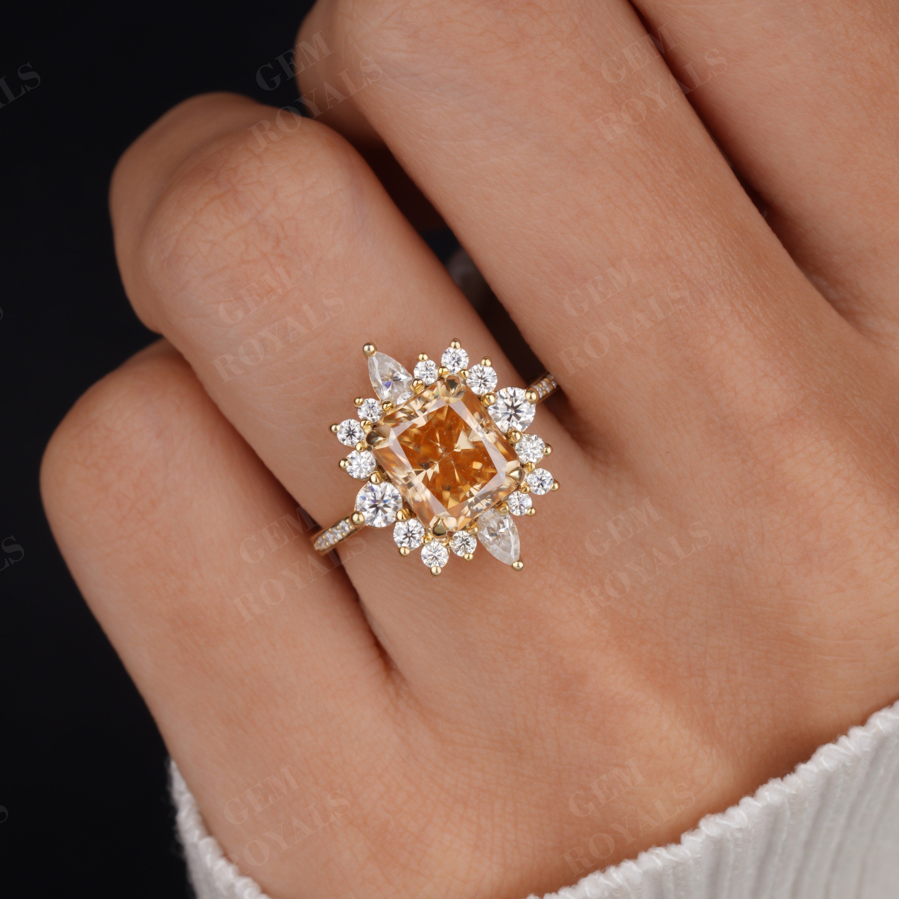 Vintage Style Yellow Radiant Moissanite Halo Engagement Ring