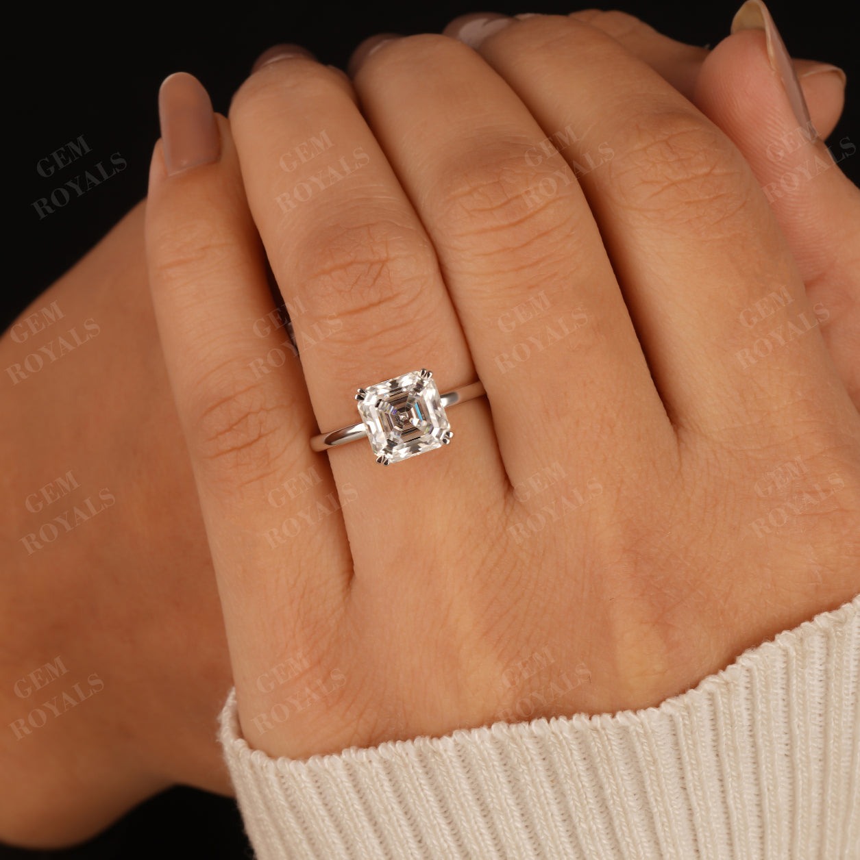 Asscher Cut Moissanite Solitaire Engagement Ring for Womens