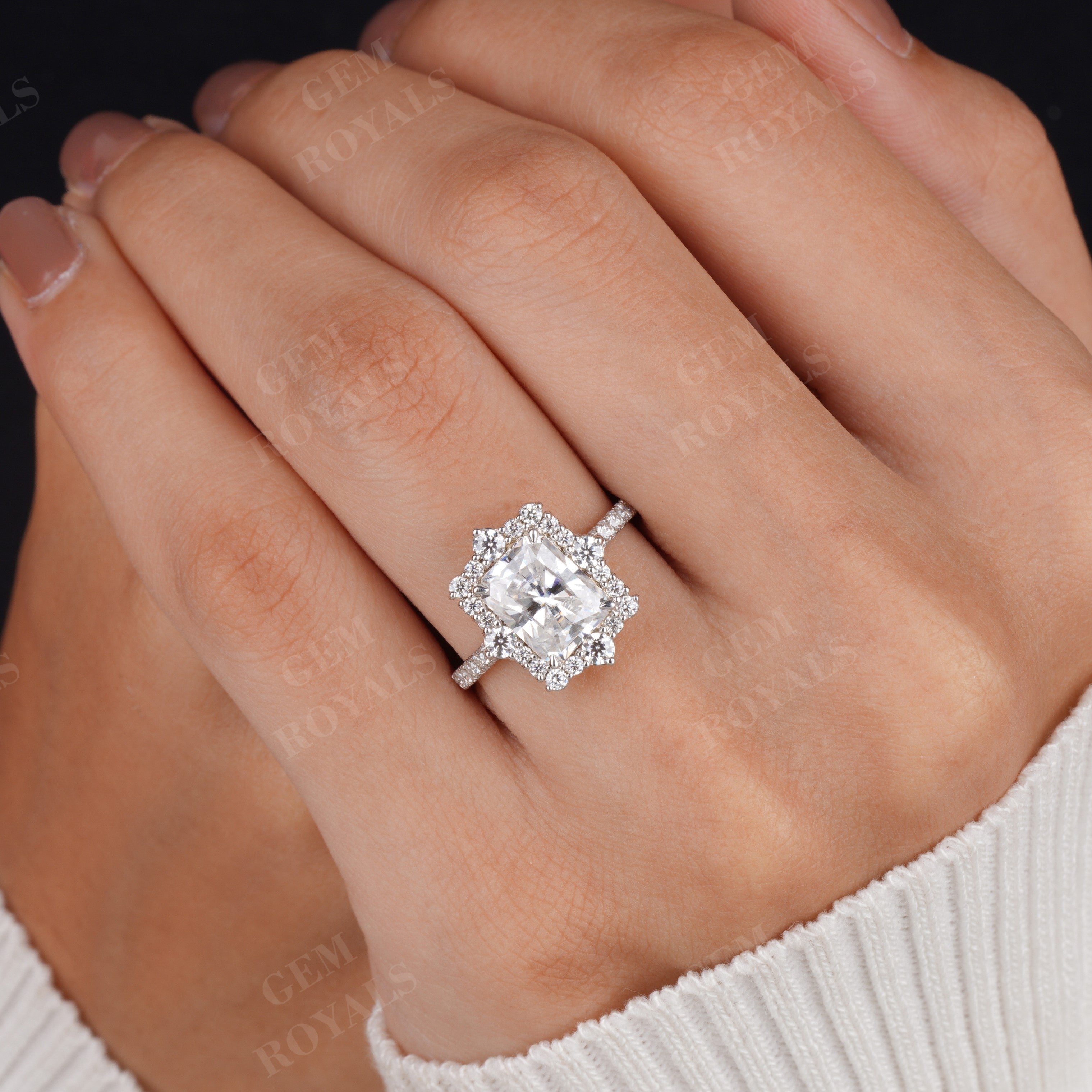 Radiant Cut Moissanite Floral Cluster Halo Engagement Ring