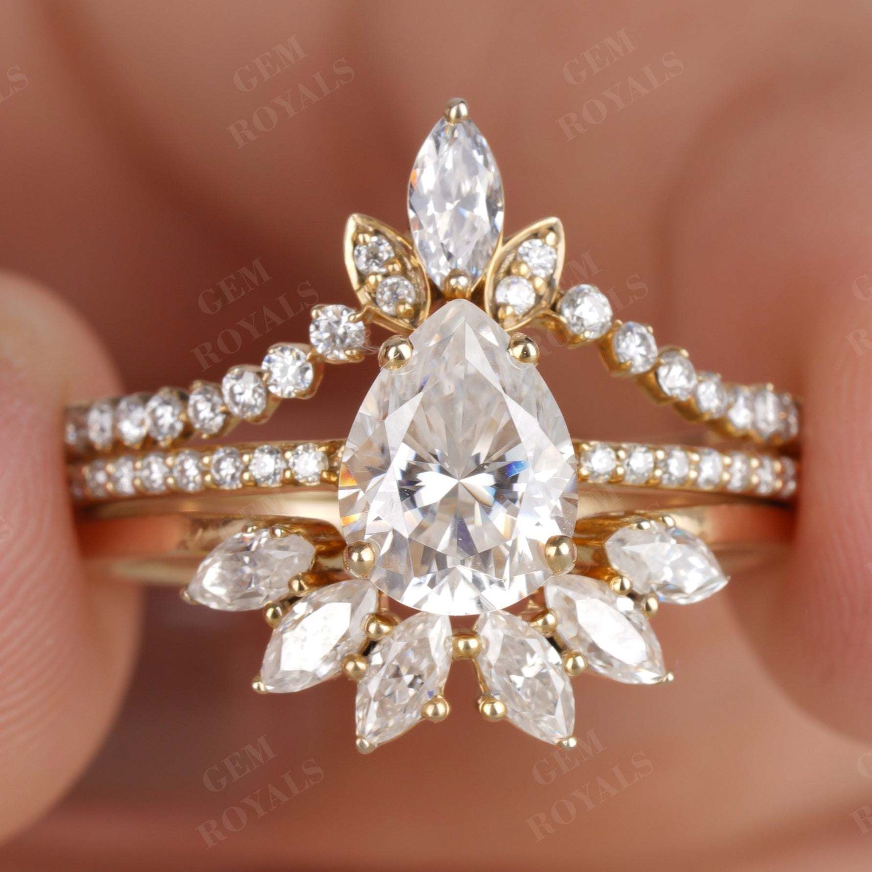 Unique Pear Shaped Moissanite Engagement Ring Set