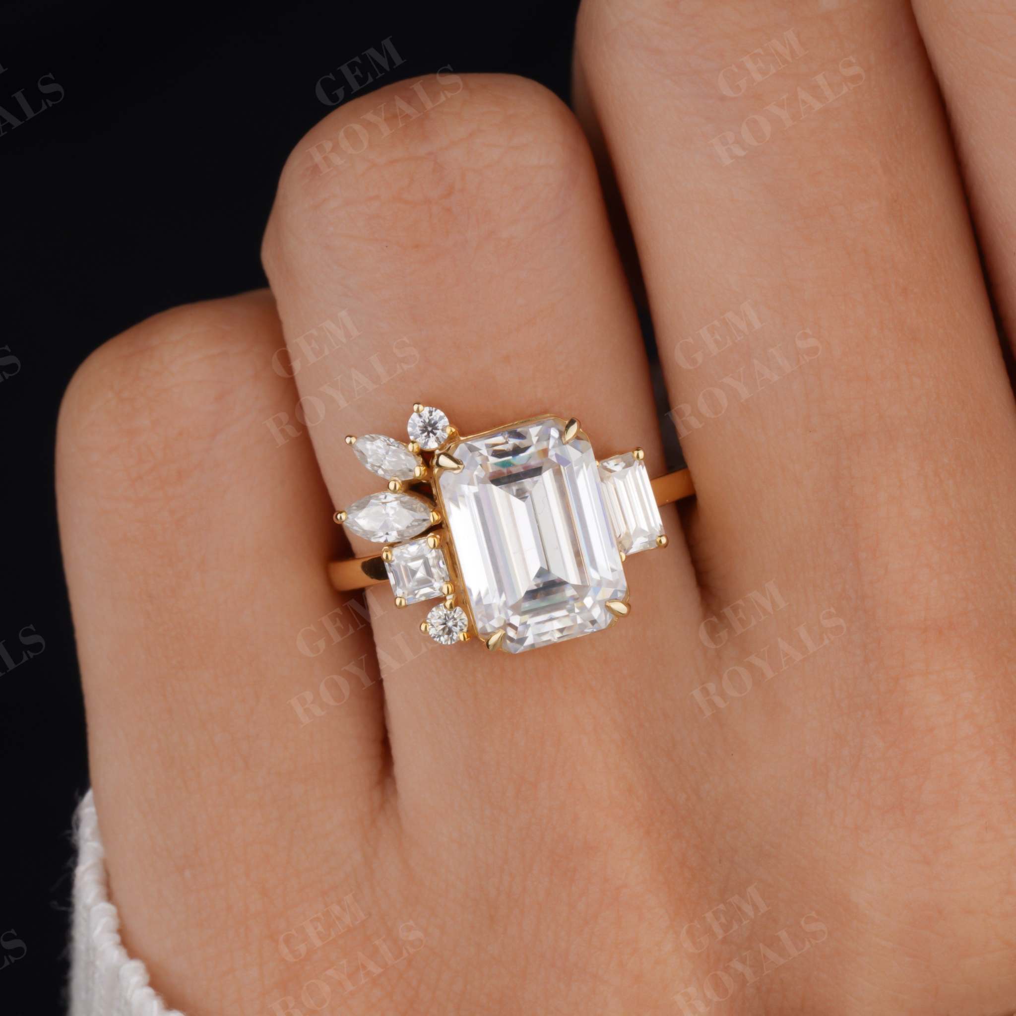 Huge Emerald Cut Cluster Moissanite Engagement Ring