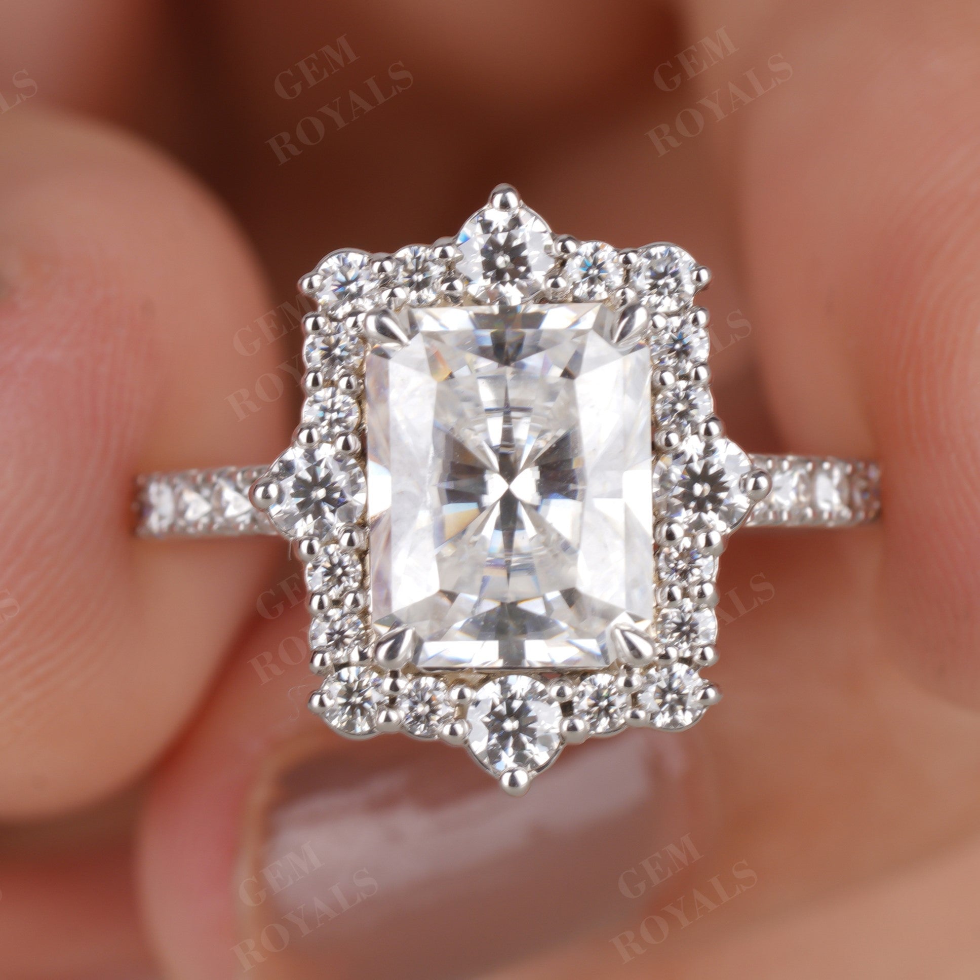 Radiant Cut Moissanite Floral Cluster Halo Engagement Ring