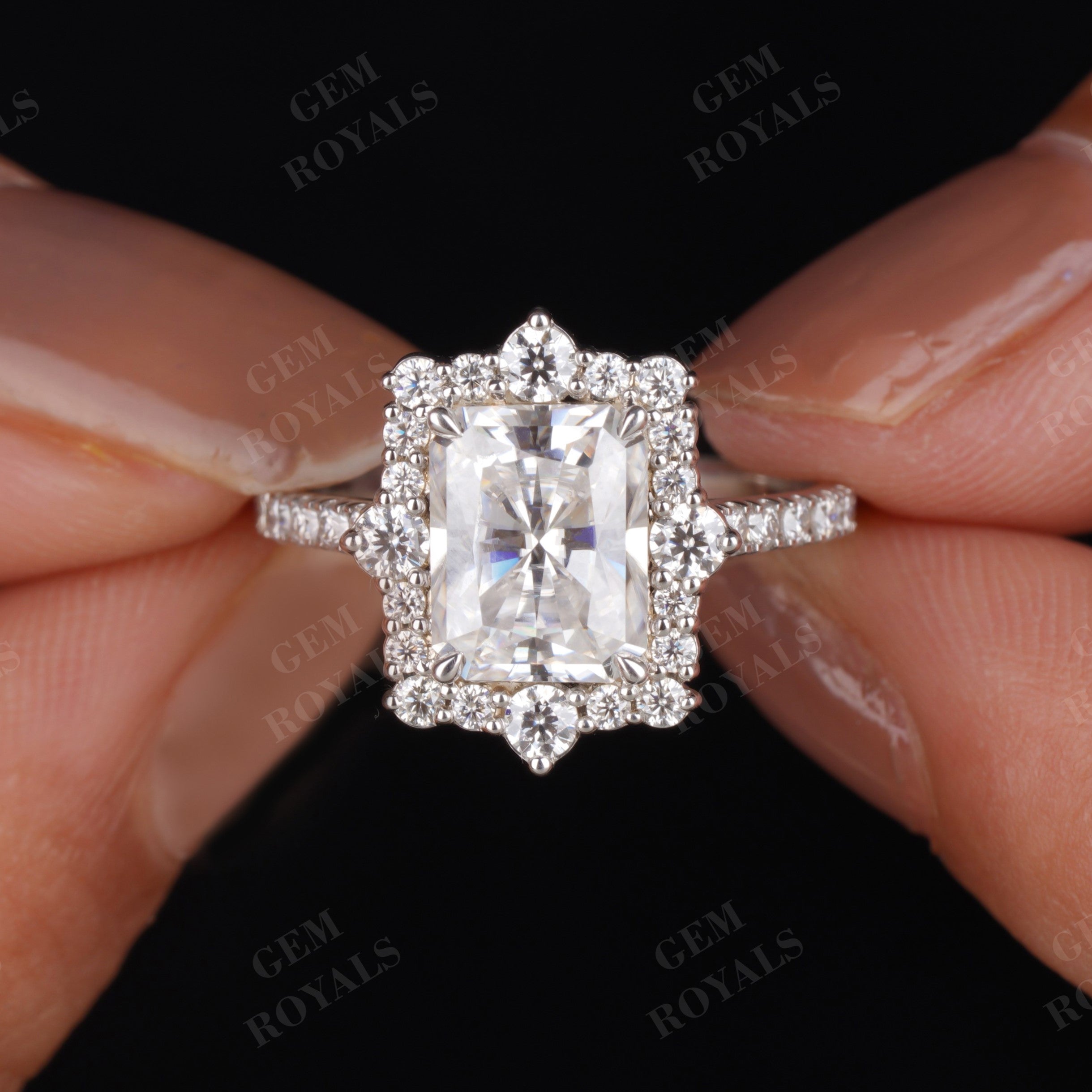 Radiant Cut Moissanite Floral Cluster Halo Engagement Ring