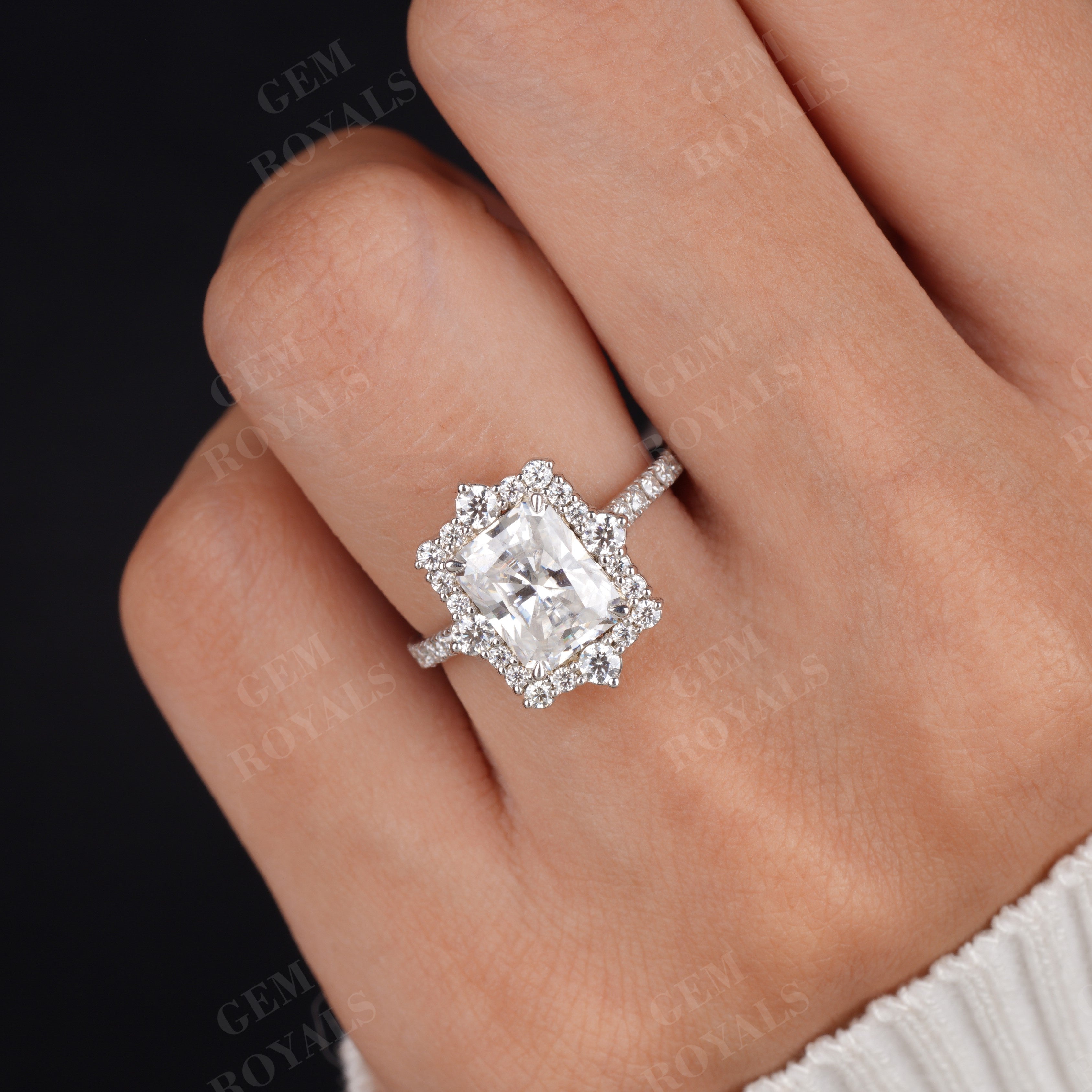 Radiant Cut Moissanite Floral Cluster Halo Engagement Ring