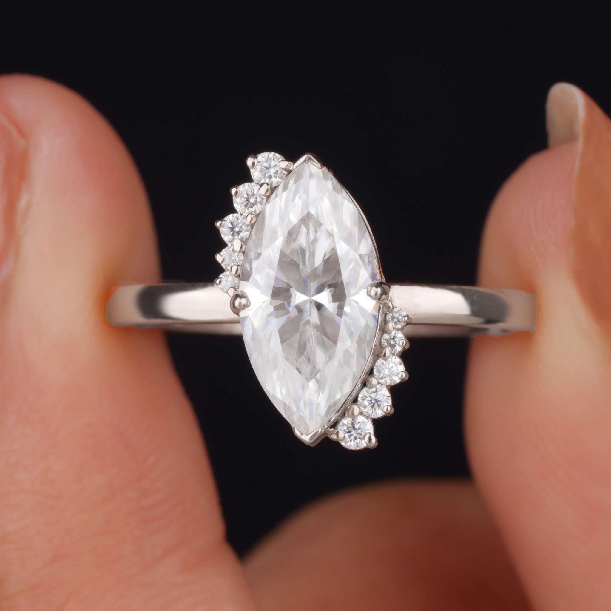 Vintage Marquise and Round Cut Solitaire Moissanite Engagement Ring Seven