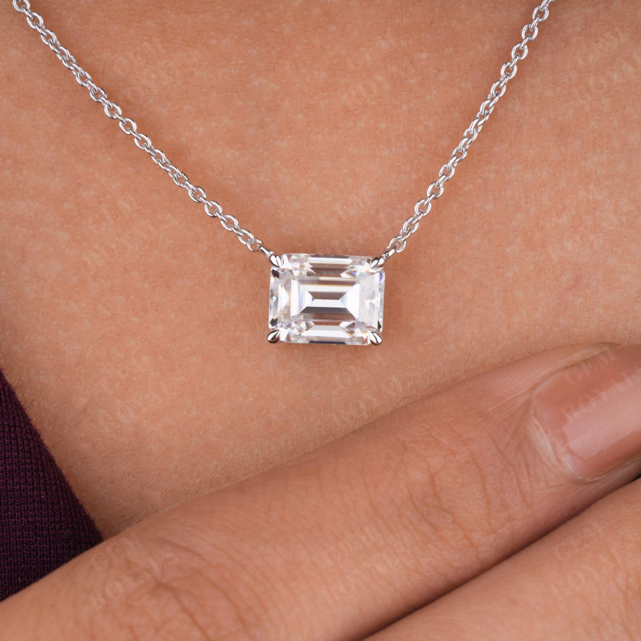 East West Emerald Cut Solitaire Moissanite Pendant Necklace Third