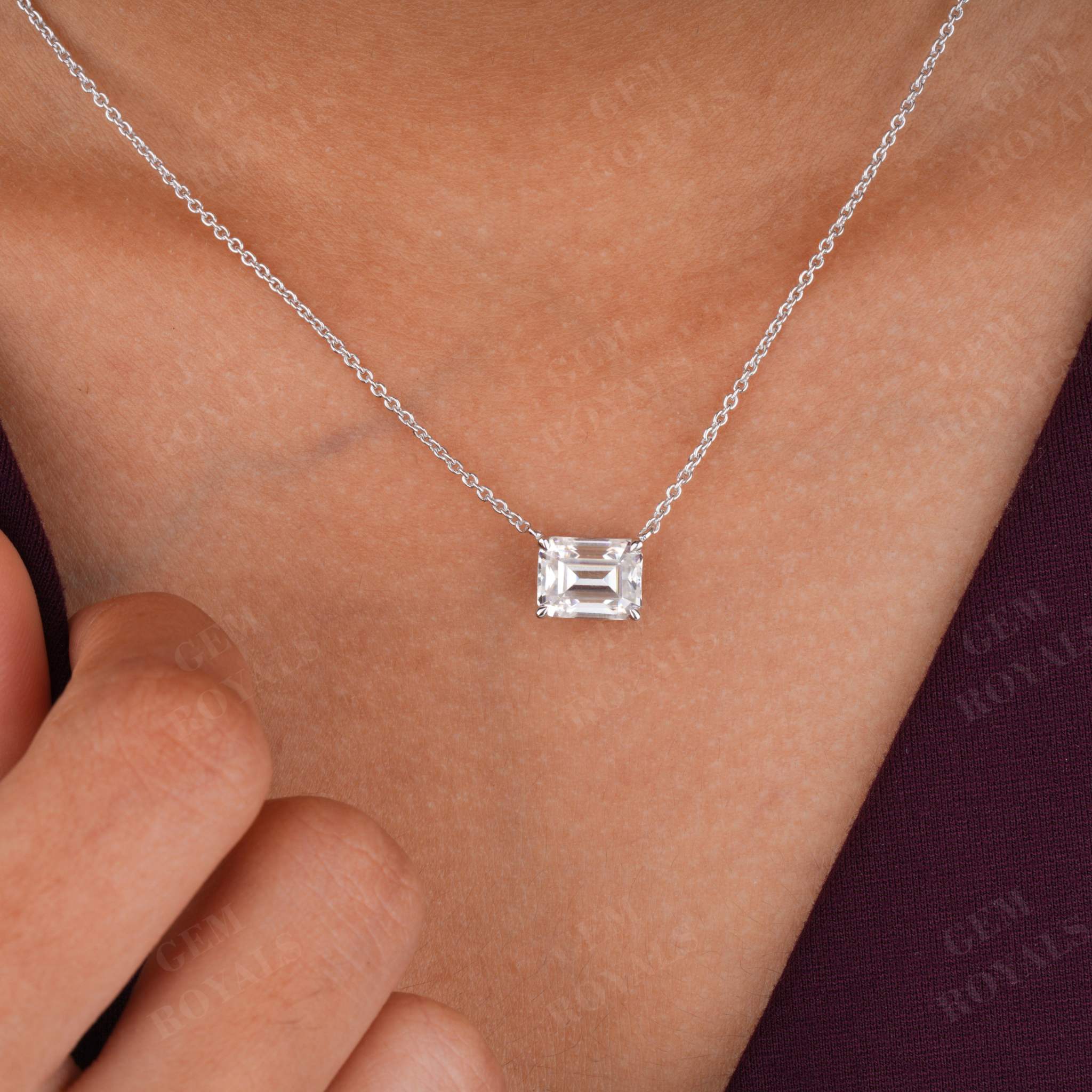 East West Emerald Cut Solitaire Moissanite Pendant Necklace Forth