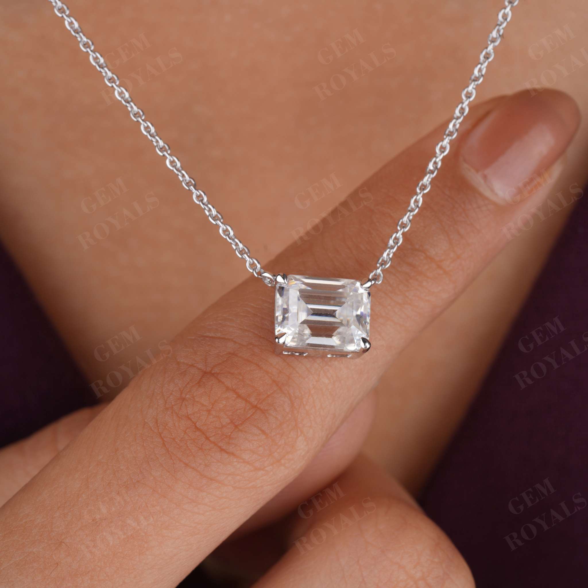 East West Emerald Cut Solitaire Moissanite Pendant Necklace Fifth