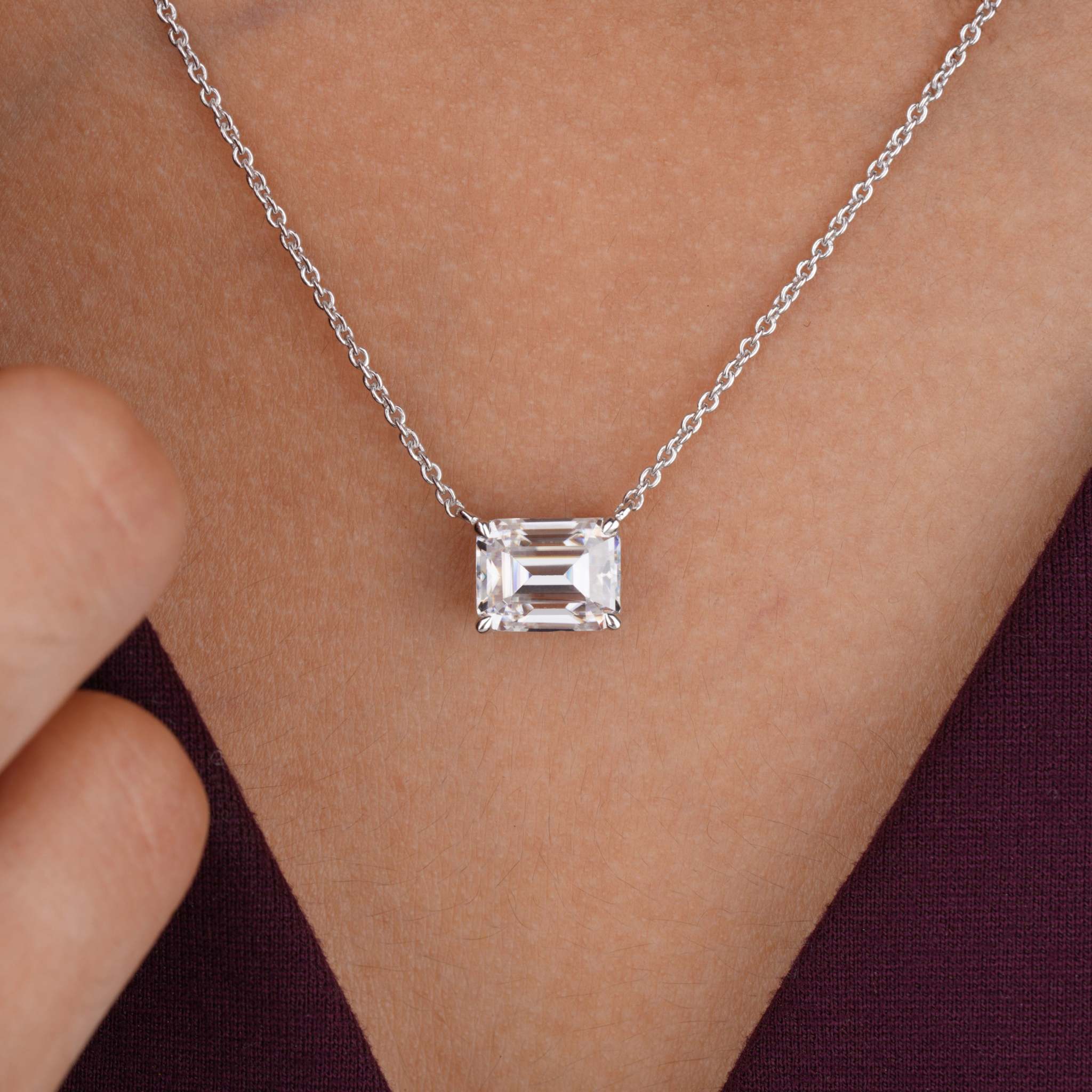 East West Emerald Cut Solitaire Moissanite Pendant Necklace First