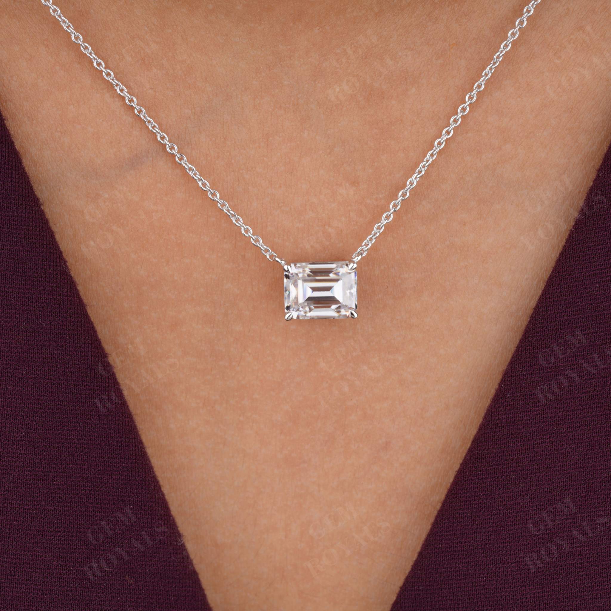 East West Emerald Cut Solitaire Moissanite Pendant Necklace Second