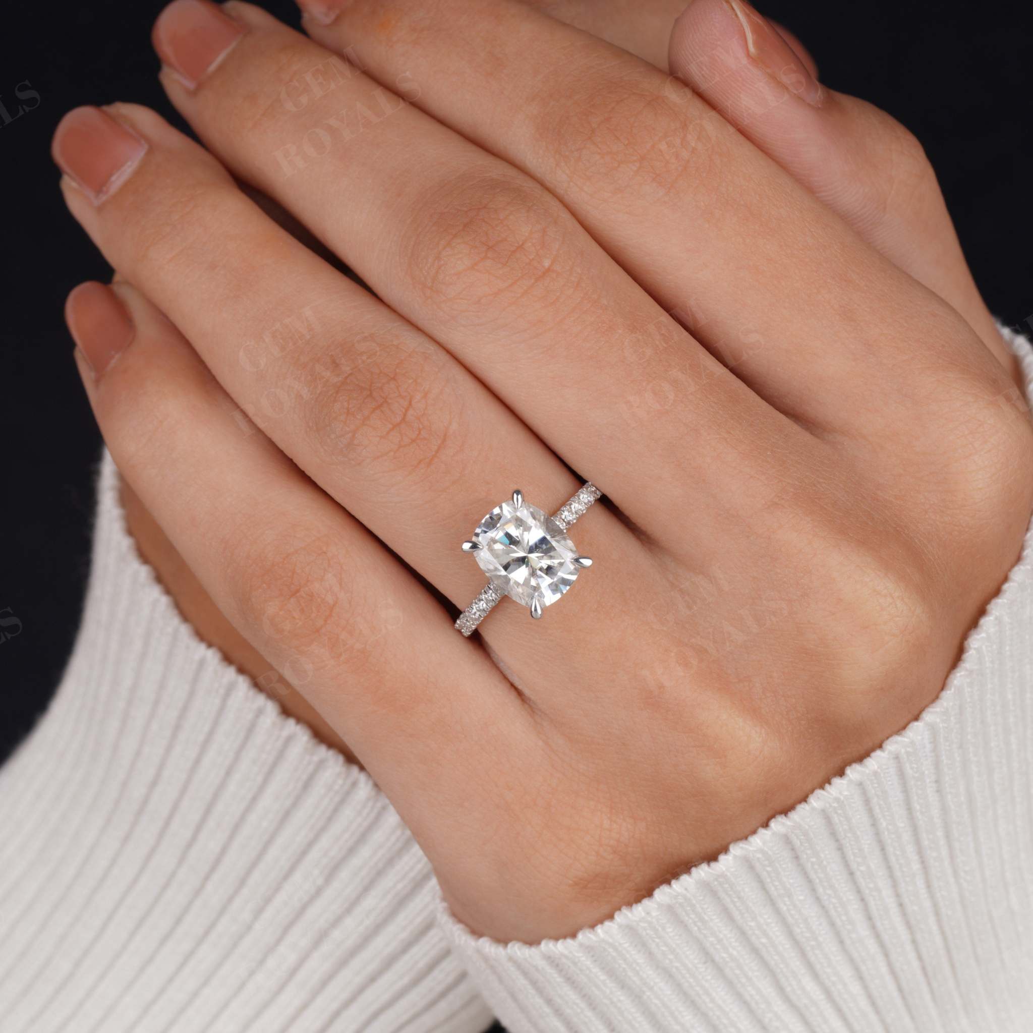 Elongated Cushion Cut Moissanite Pave Engagement Ring