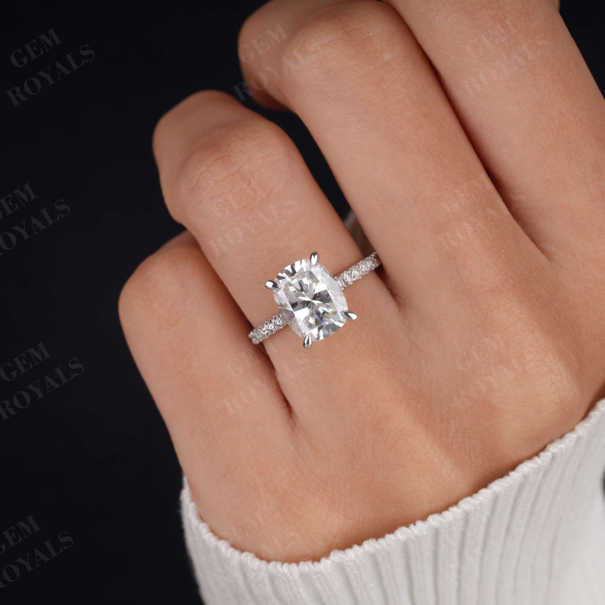 Elongated Cushion Cut Moissanite Pave Engagement Ring