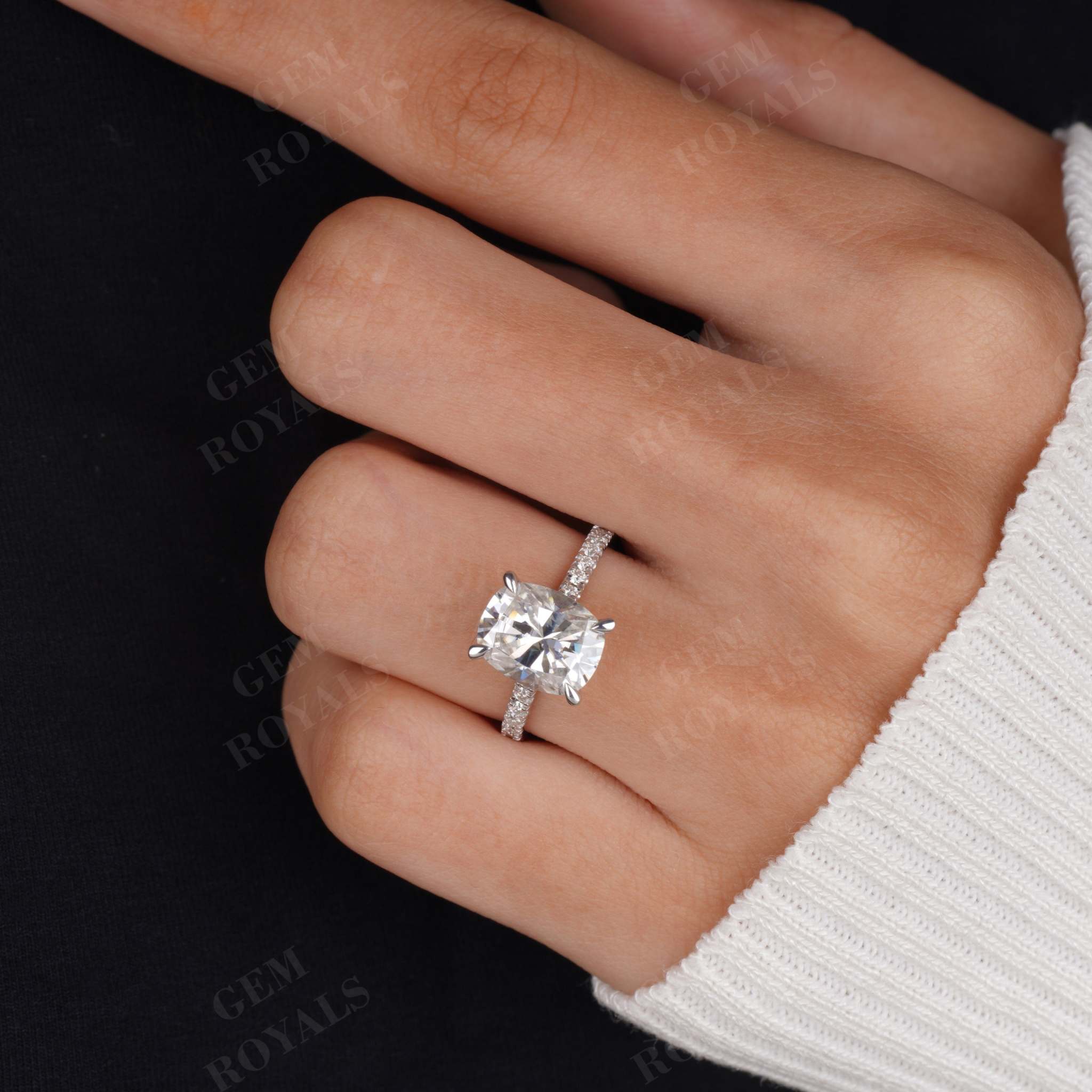 Elongated Cushion Cut Moissanite Pave Engagement Ring