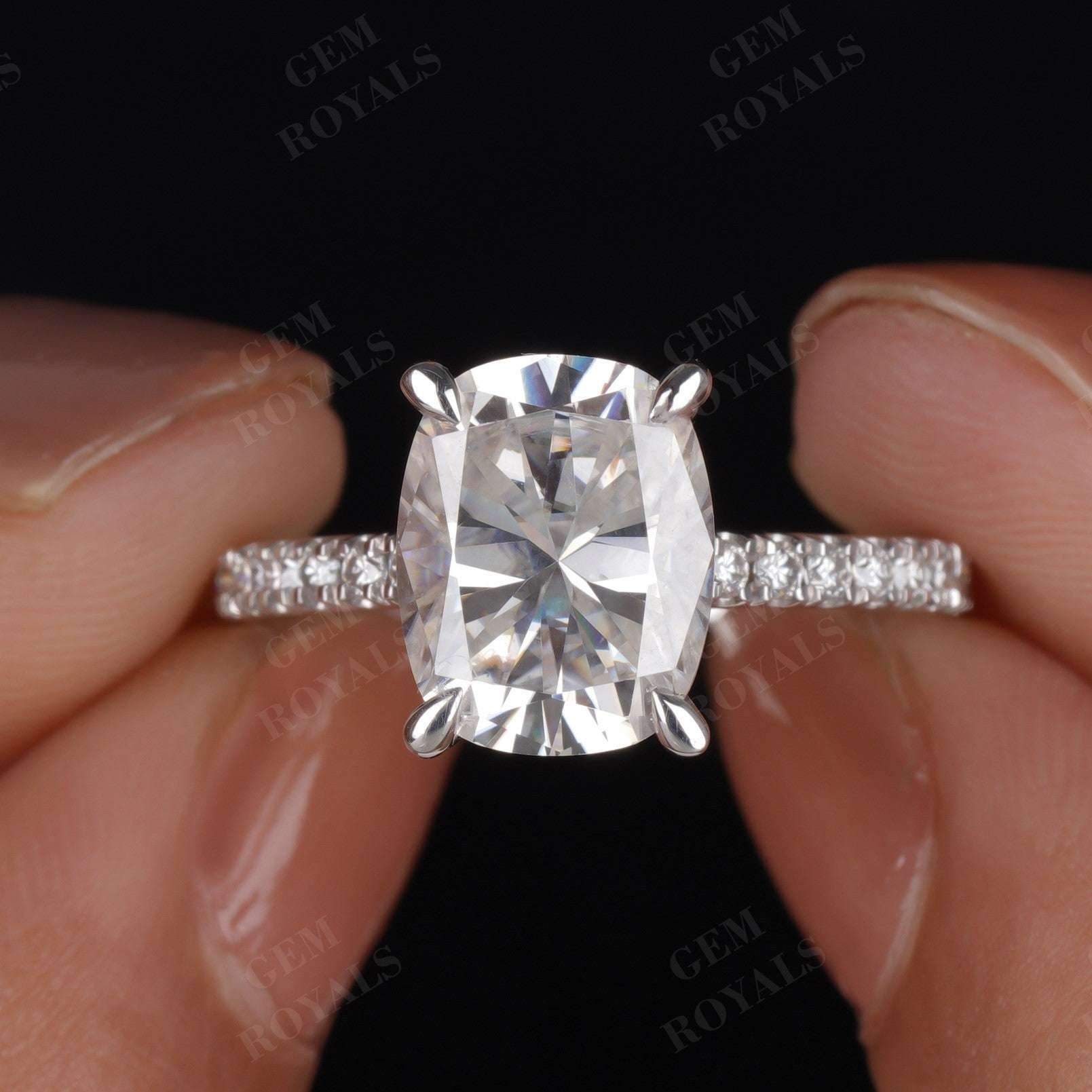 Elongated Cushion Cut Moissanite Pave Engagement Ring