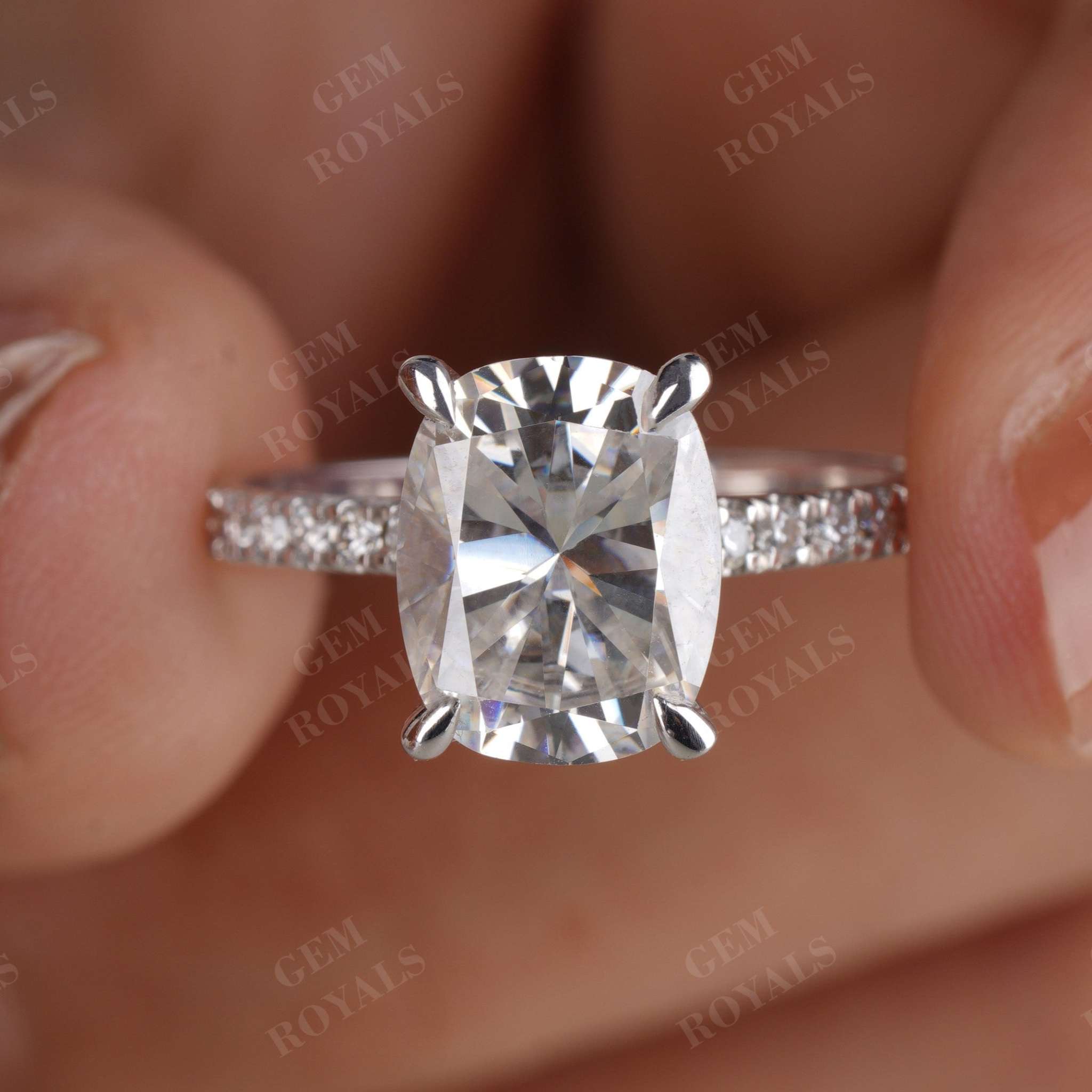 Elongated Cushion Cut Moissanite Pave Engagement Ring