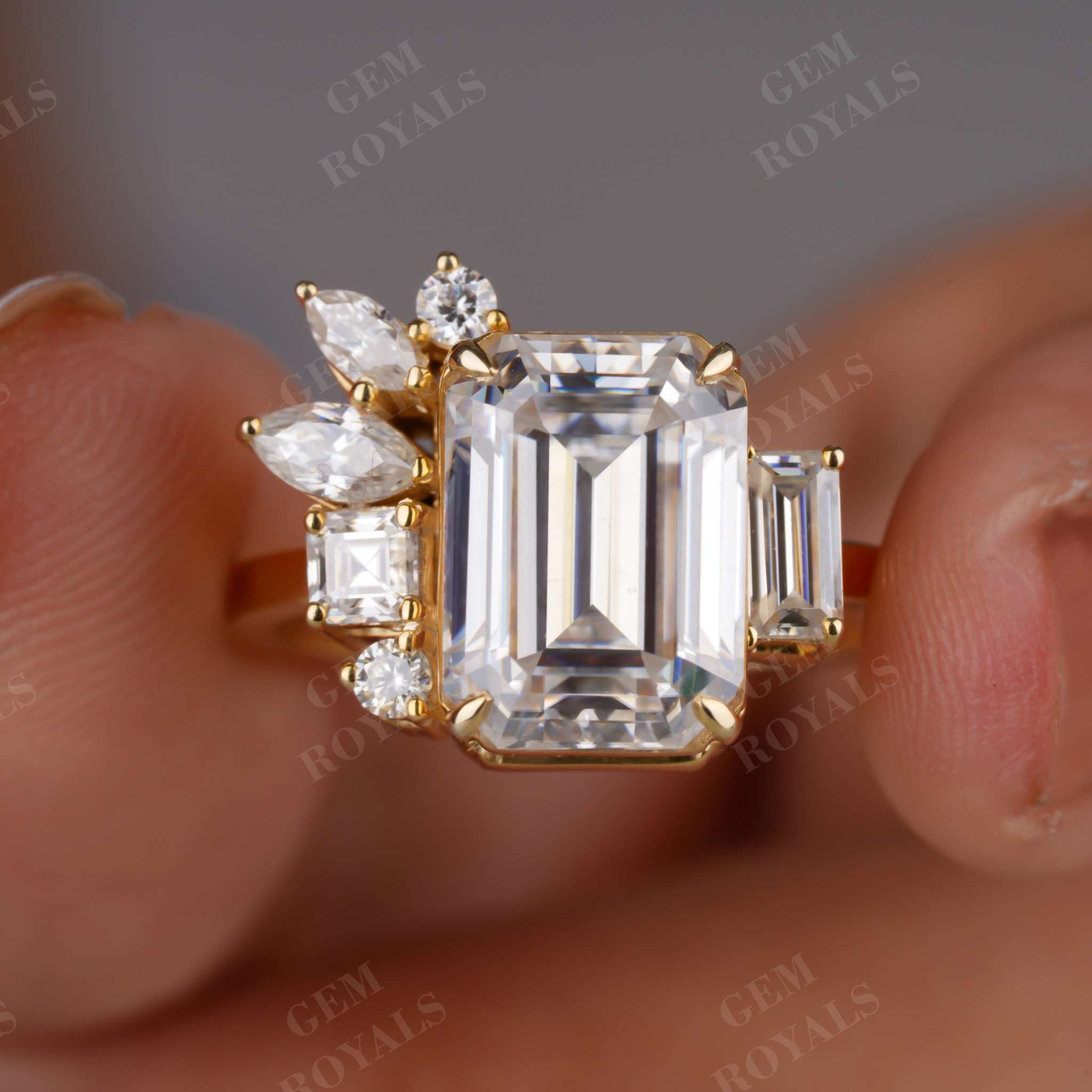 Huge Emerald Cut Cluster Moissanite Engagement Ring