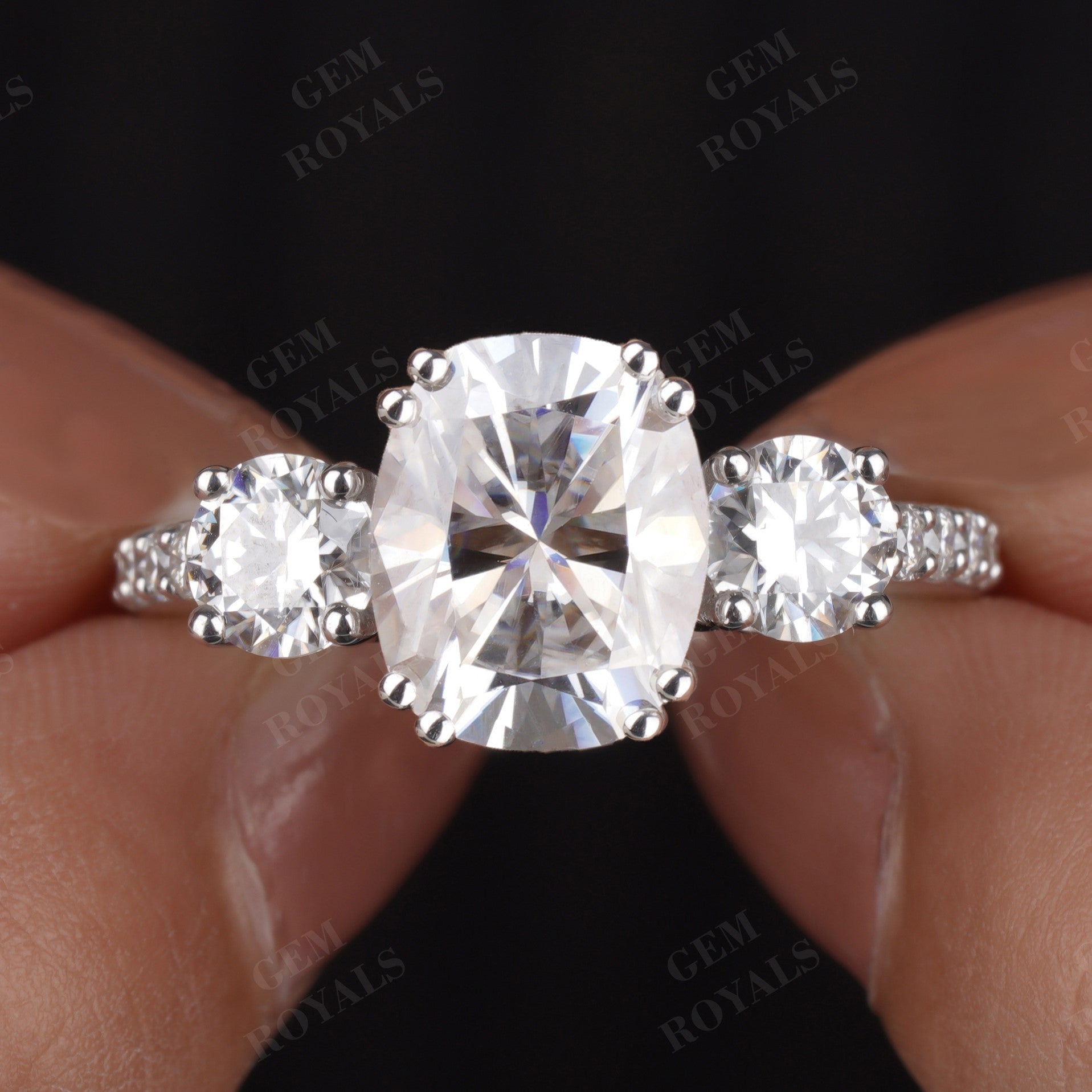 Meghan Cushion Trilogy With Pave Moissanite Engagement Ring