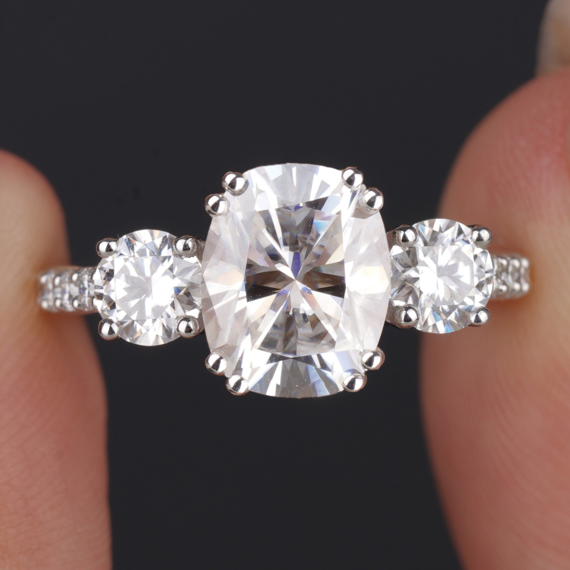 Meghan Cushion Trilogy With Pave Moissanite Engagement Ring