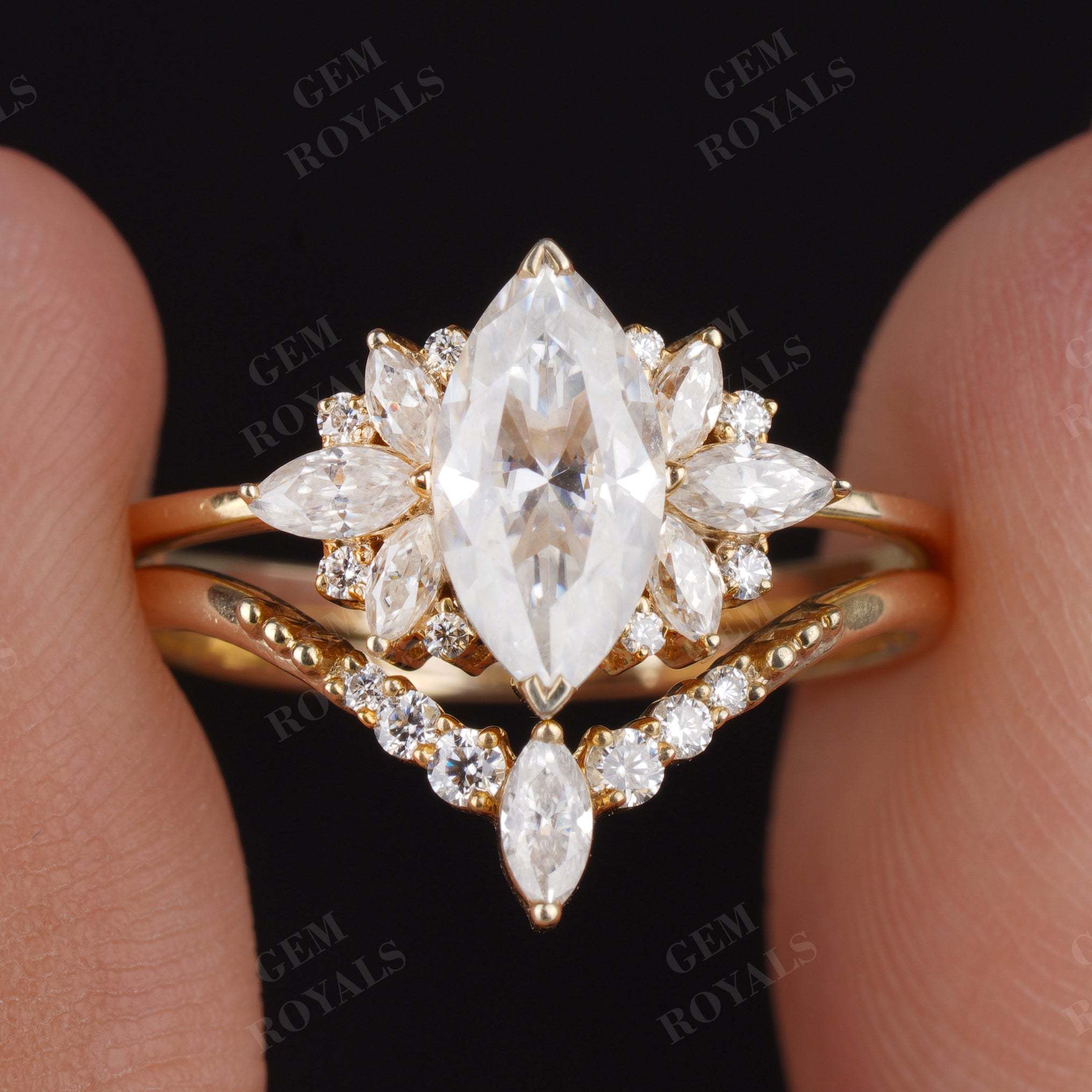 Marquise Cluster Moissanite Ring with Curved Wedding Band