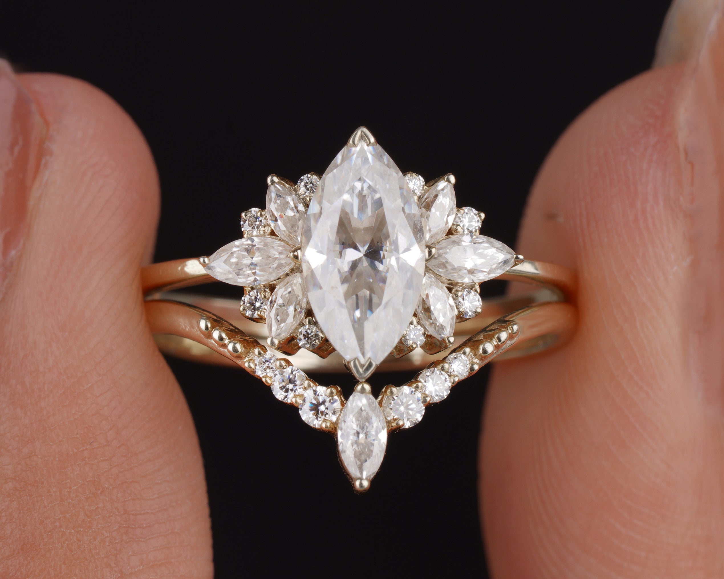 Marquise Cluster Moissanite Ring with Curved Wedding Band