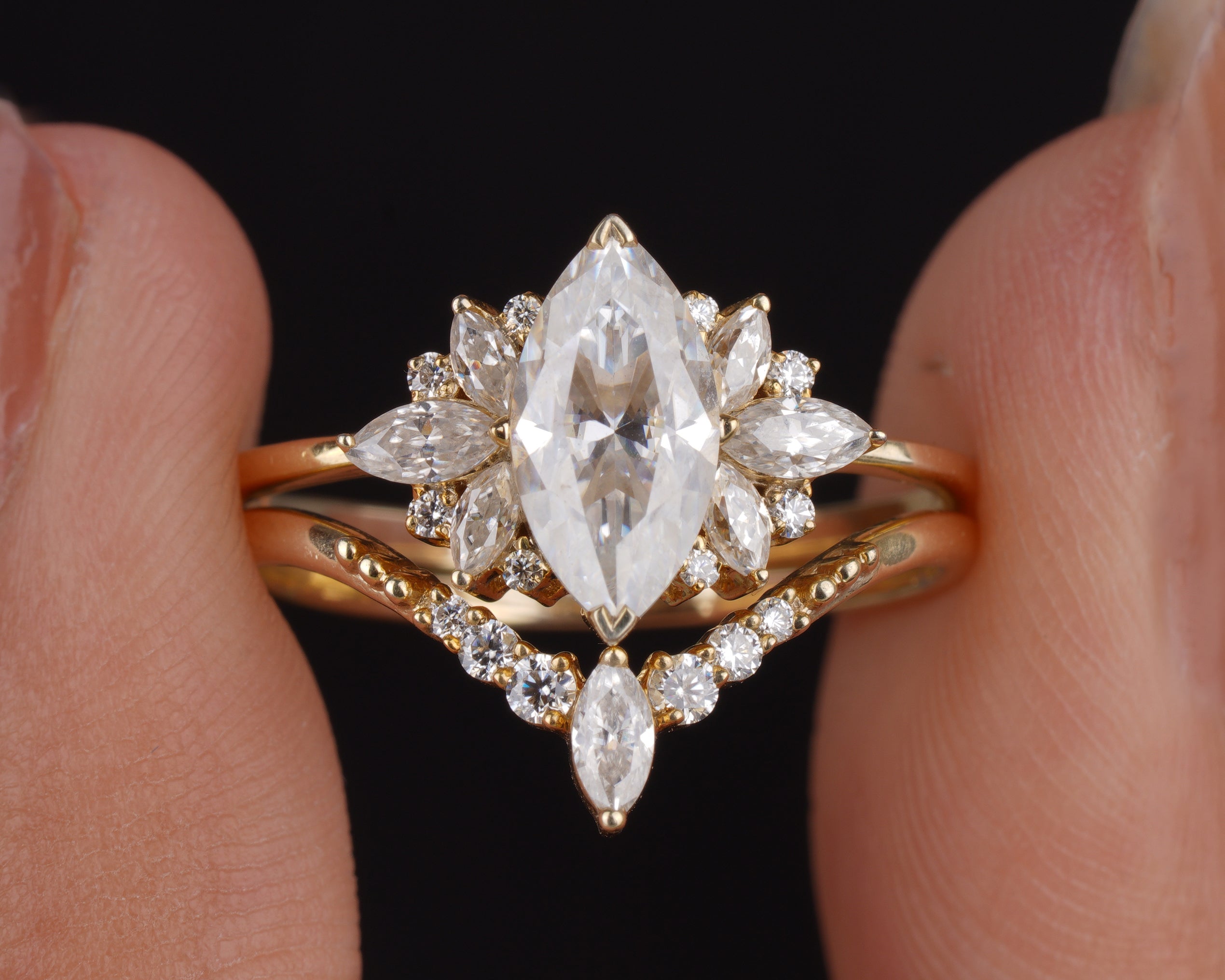 Marquise Cluster Moissanite Ring with Curved Wedding Band