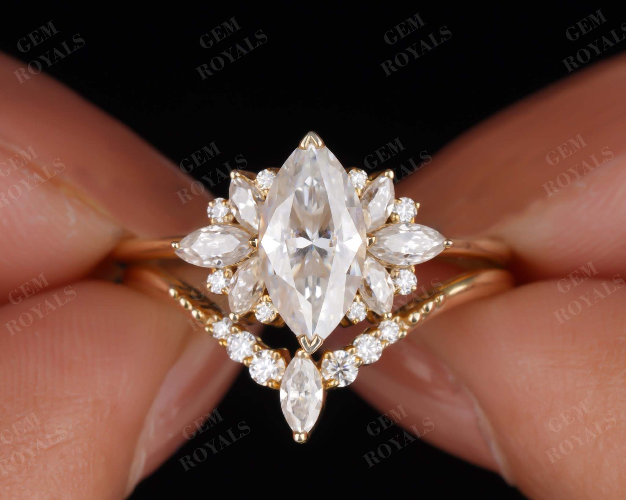 Marquise Cluster Moissanite Ring with Curved Wedding Band