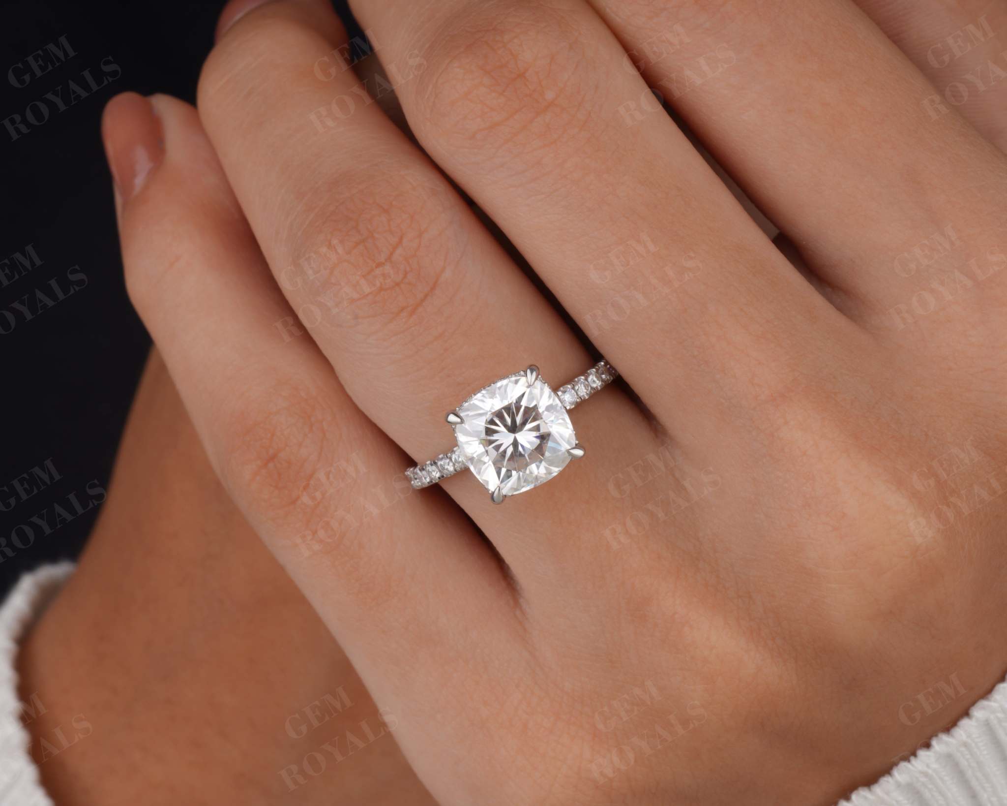 Cushion Cut Moissanite Pave Set Engagement Ring