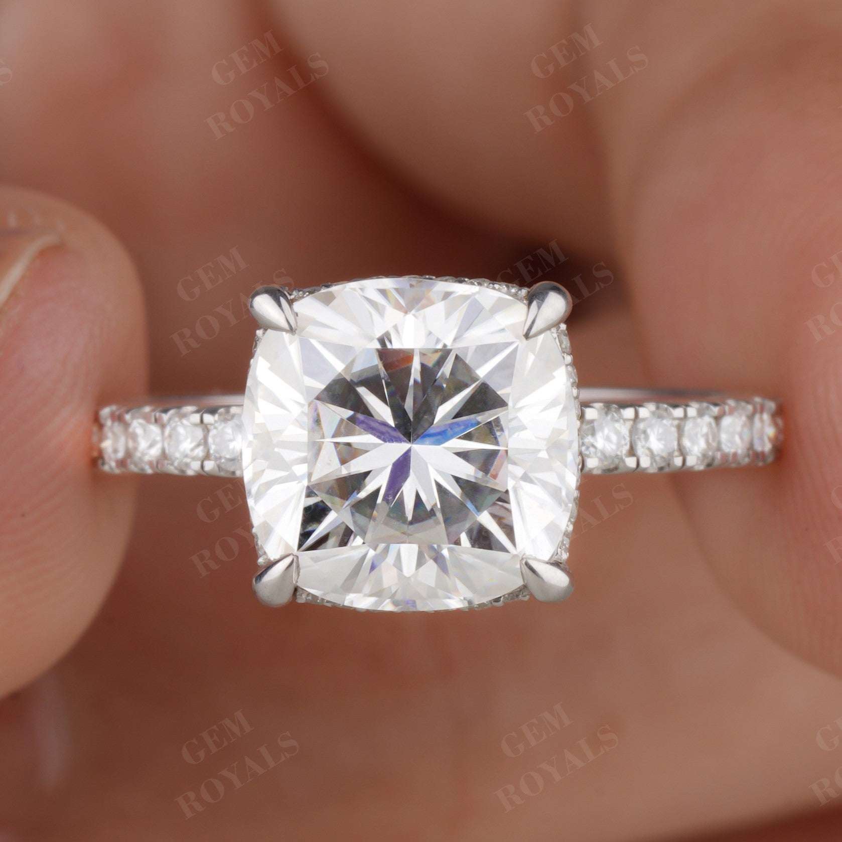 Cushion Cut Moissanite Pave Set Engagement Ring