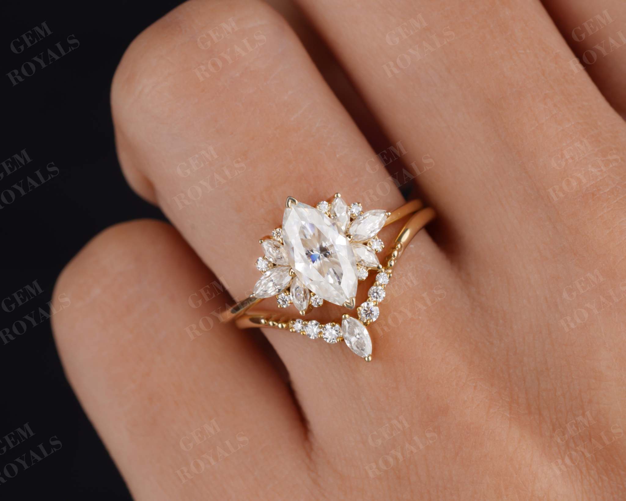 Marquise Cluster Moissanite Ring with Curved Wedding Band