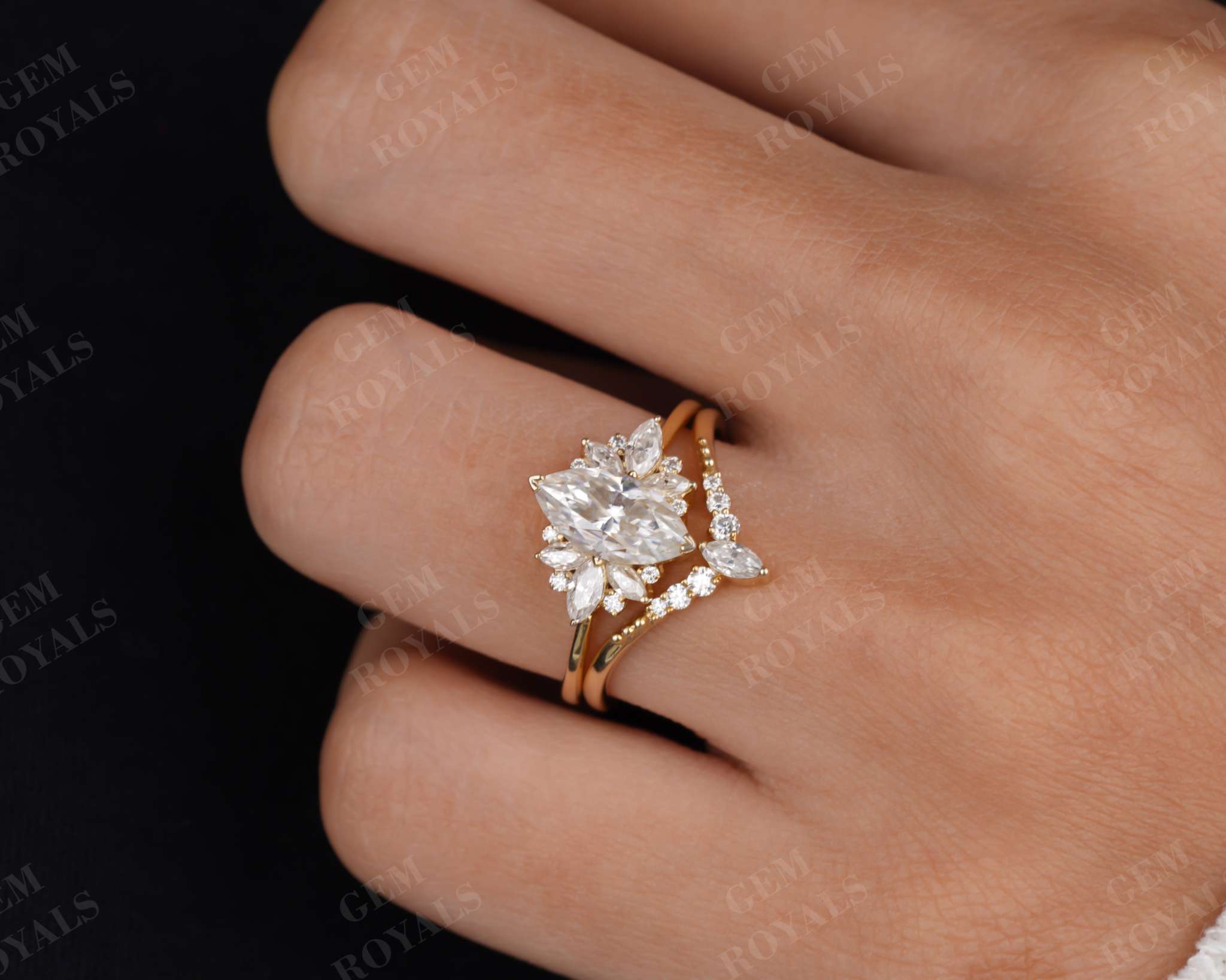 Marquise Cluster Moissanite Ring with Curved Wedding Band