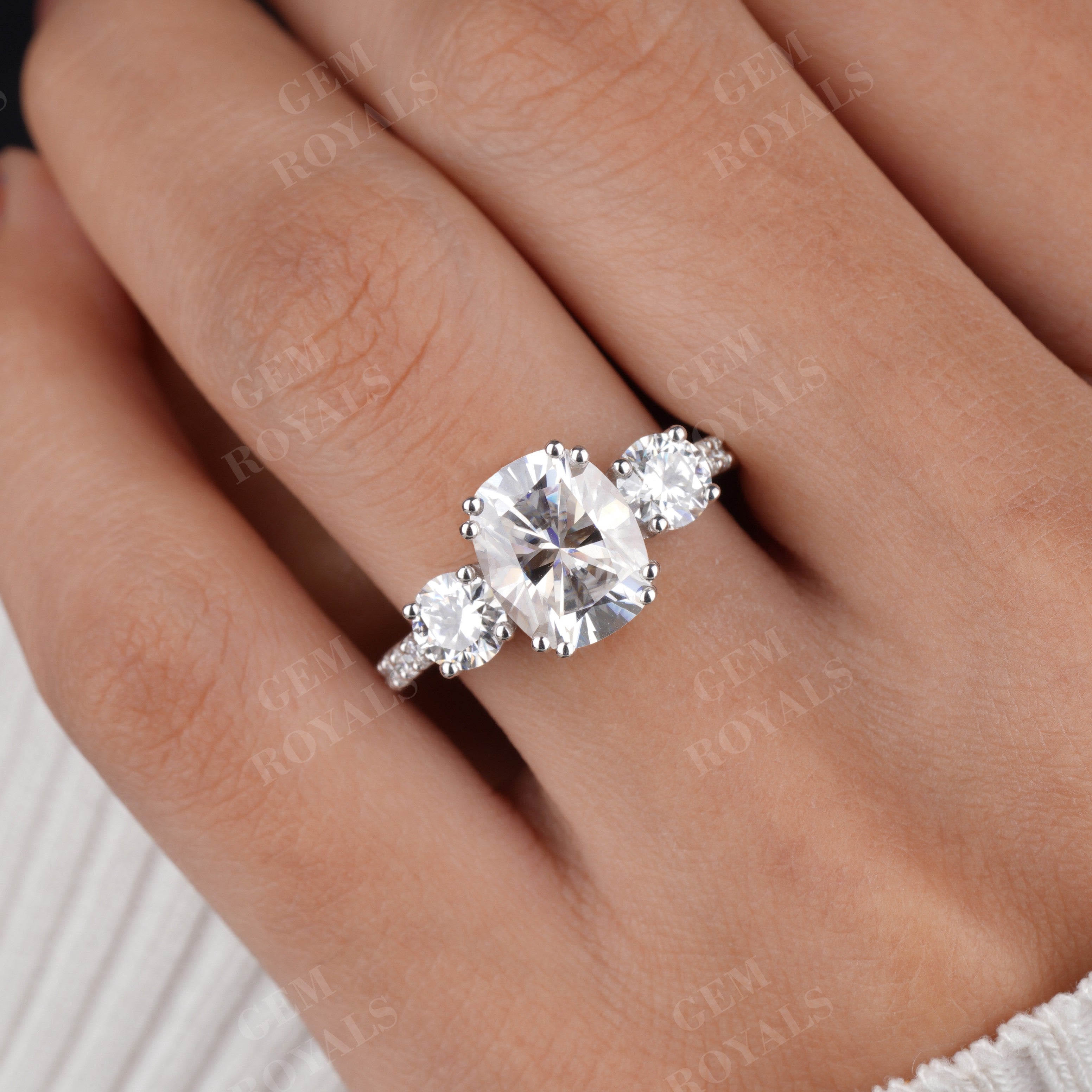 Meghan Cushion Trilogy With Pave Moissanite Engagement Ring